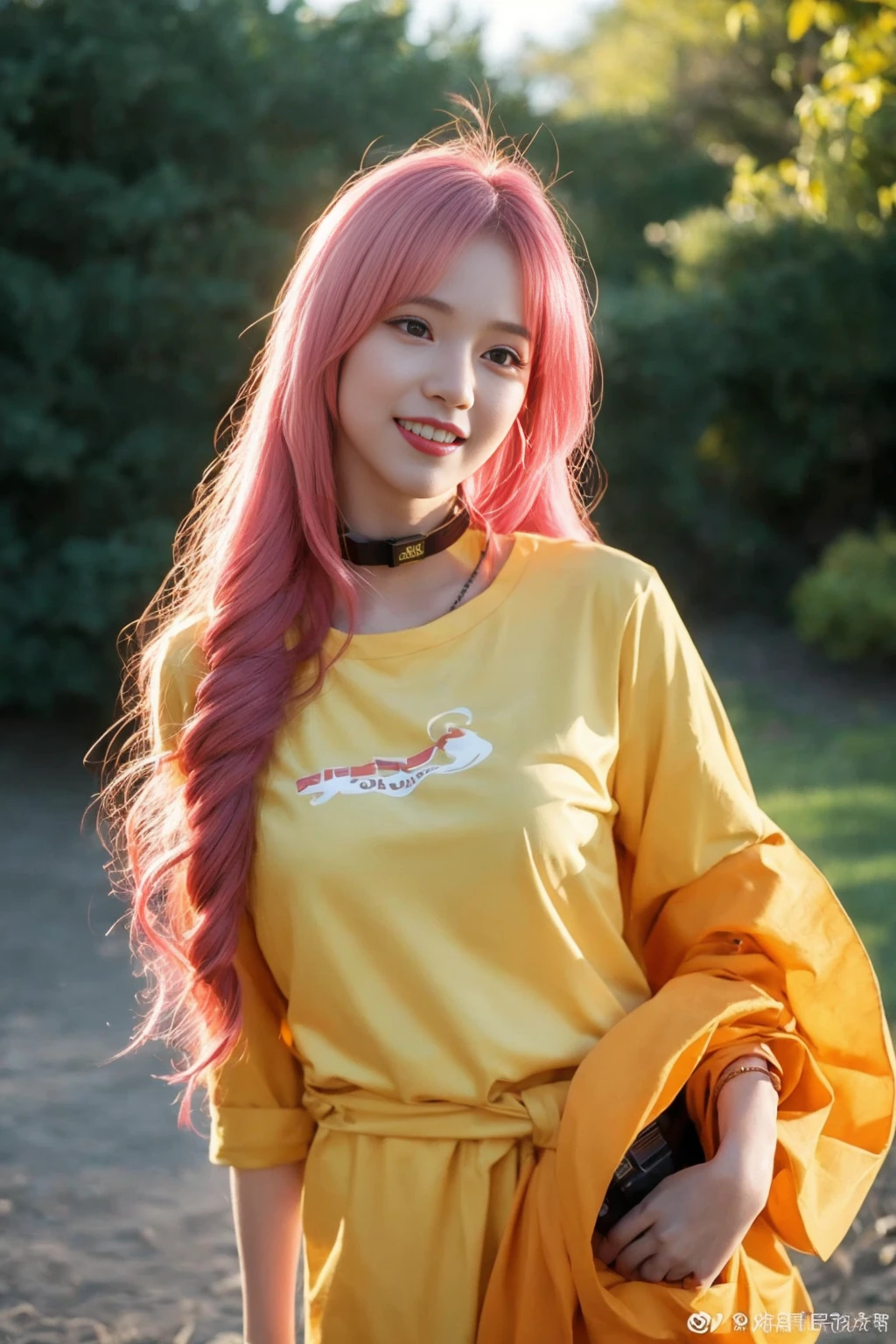 <lora:chengguo_v01:0.9>,
(8k, RAW photo, best quality, masterpiece:1.2), (realistic, photo-realistic:1.37), omertosa,1girl, blurry background,lake, sunlight,professional lighting, photon mapping, radiosity, physically-based rendering, backlight bokeh, blurry background,smile, ((black choker)), red lips, office lady ,((lights shinning on the face))
head portrait
,
sunlight, ((outdoors)) ,((light shinning on the hair))
t-shirt,
((long hair)), ((floating hair)), pink hair,wavy hair, glowing hair,
135mm lens,gold-rimmed glasses,,big breast,red lips,smile,((office suit))