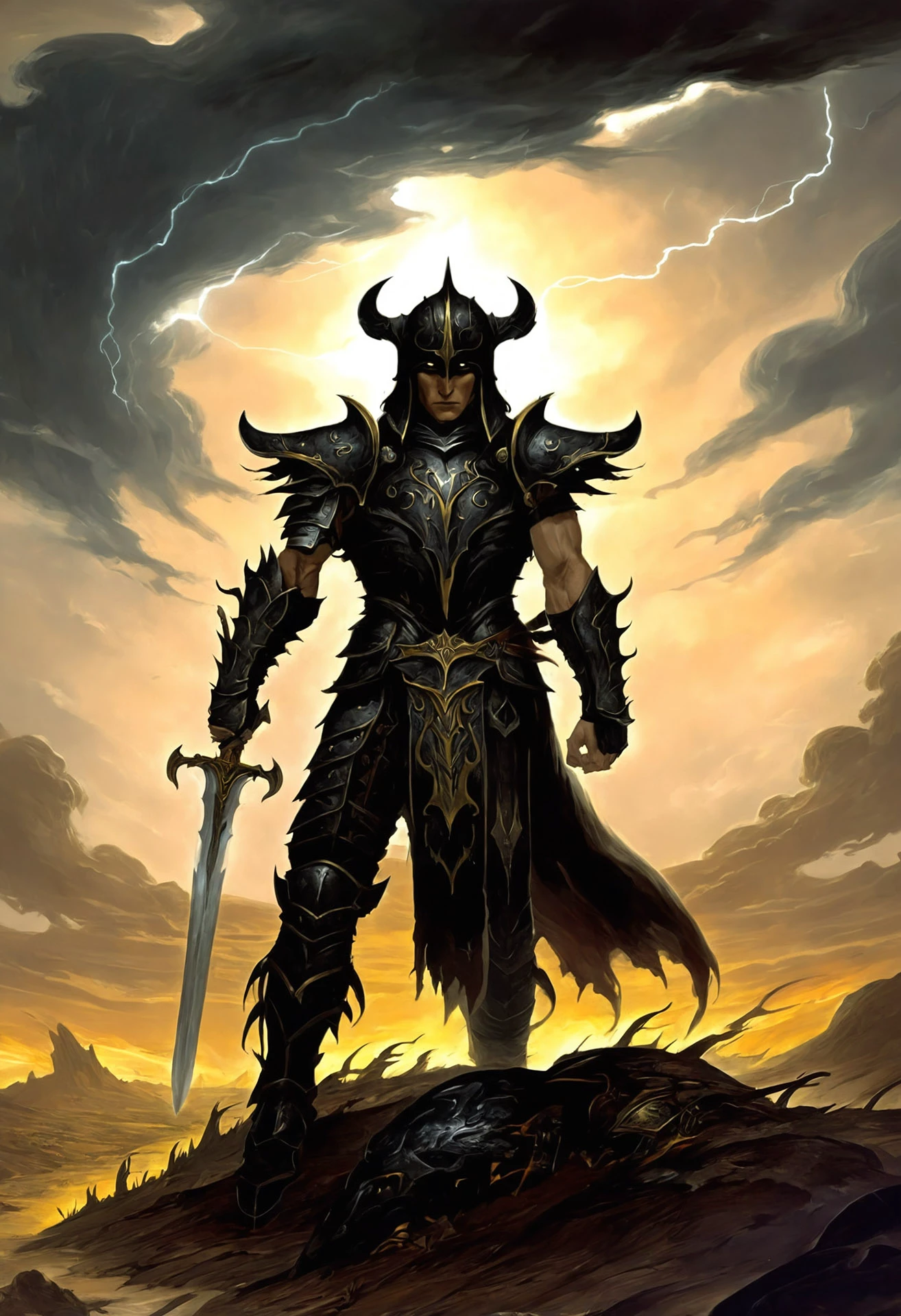 dark fantasy art a warrior clad in black armor stands on a desolate battlefield, his helmet's visage twisted into a grimace. the sky above is a tumultuous swirl of dark clouds and lightning, mirroring the chaos below. in his hand, a sword drips with an ethereal light, casting eerie shadows on the scorched earth around him.