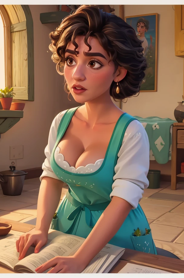 julieta,black hair,streaked hair,short hair,curly hair,brown eyes,
white shirt,apron,earrings,cleavage,lips,
sitting,
village,fantasy,Alchemy,indoors,
(insanely detailed, masterpiece, best quality),solo,<lora:julietamadrigal-10ECHv8:0.8>,