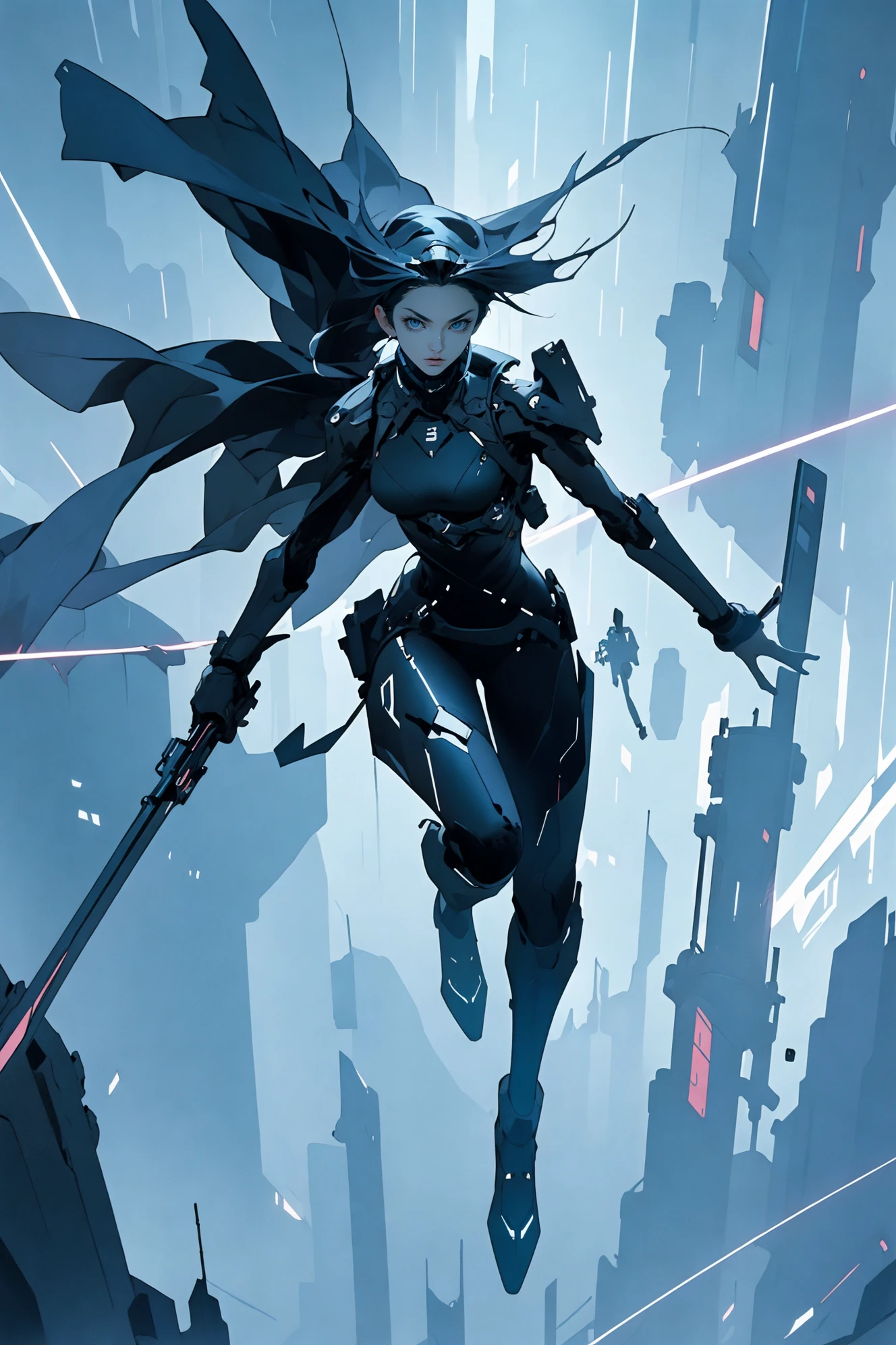 (masterpiece,top quality,best quality,official art,beautiful and aesthetic:1.2), (full body:1.0), Dynamic Angle, Perspective, High Point,pov
A shot with tension(sky glowsVisual impact,giving the poster a dynamic and visually striking appearance:1.2),
<lora:~Q?-[SZkfX xuer cyberwarrior:0.8>