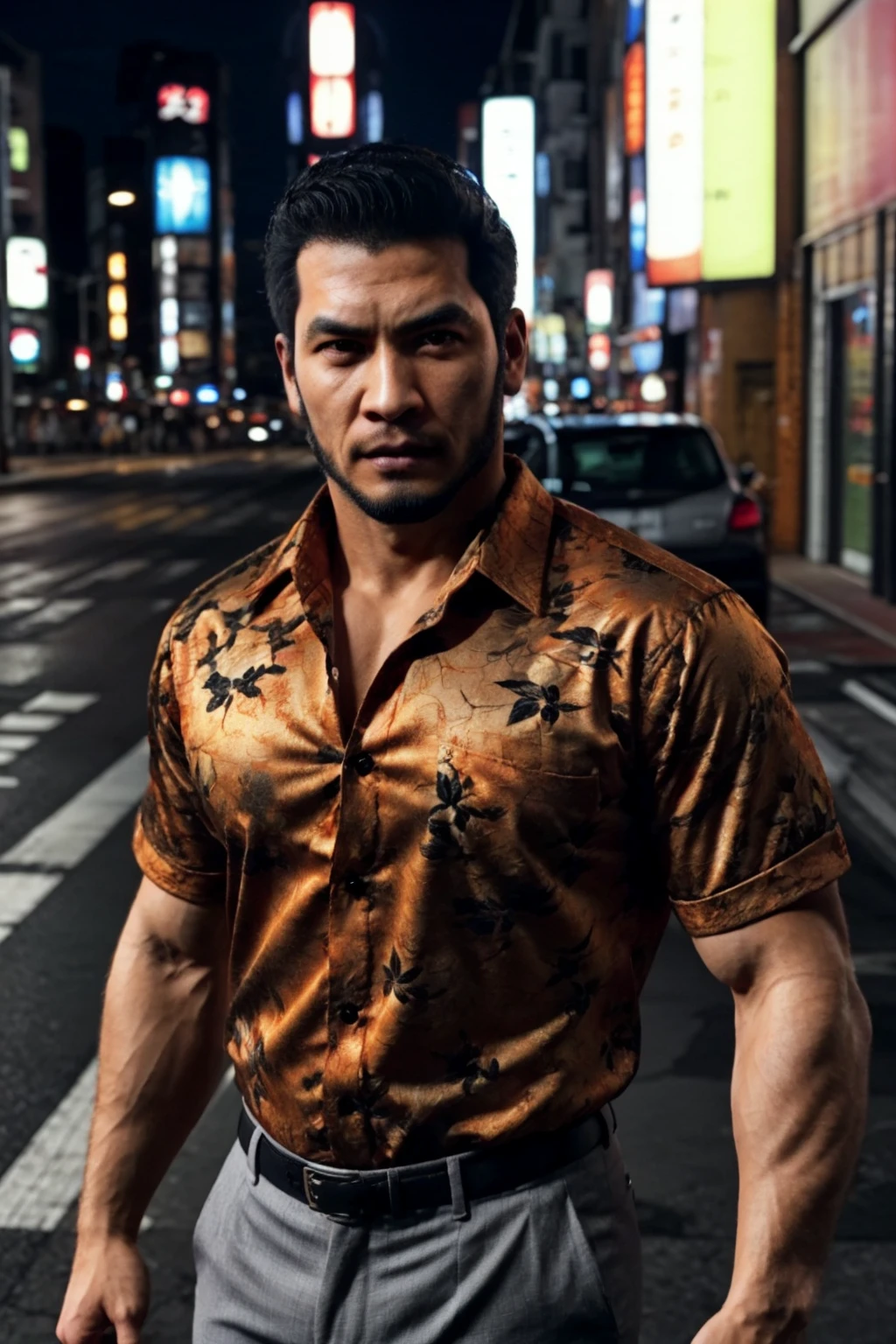 (1 image only),  solo male,  1boy,  Masaharu Kaito,  Yakuza,  38 years old,  Asian,  Japanese,  brown eyes,  black hair,  short hair,  cropped black hair,  chinstrap beard,  small scar cuts through left eyebrow,  handsome,  tall and muscular build,  orange and yellow and black floral silk button down shirt,  light grey dress pants,  black slip-on leather loafers,  fit body,  mature,  manly,  hunk,  masculine,  virile,  confidence,  charming,  alluring,  upper body in frame,  night at Kabukicho Tokyo,  perfect anatomy,  perfect proportions,  8k,  HQ,  (best quality:1.5,  hyperrealistic:1.5,  photorealistic:1.4,  madly detailed CG unity 8k wallpaper:1.5,  masterpiece:1.3,  madly detailed photo:1.2),  (hyper-realistic lifelike texture:1.4,  realistic eyes:1.2),  high_resolution,  picture-perfect face,  perfect eye pupil,  detailed eyes,  perfecteyes,  perfecteyes,  dutch angle,<lora:EMS-498-EMS:0.400000>,<lora:EMS-284837-EMS:0.600000>