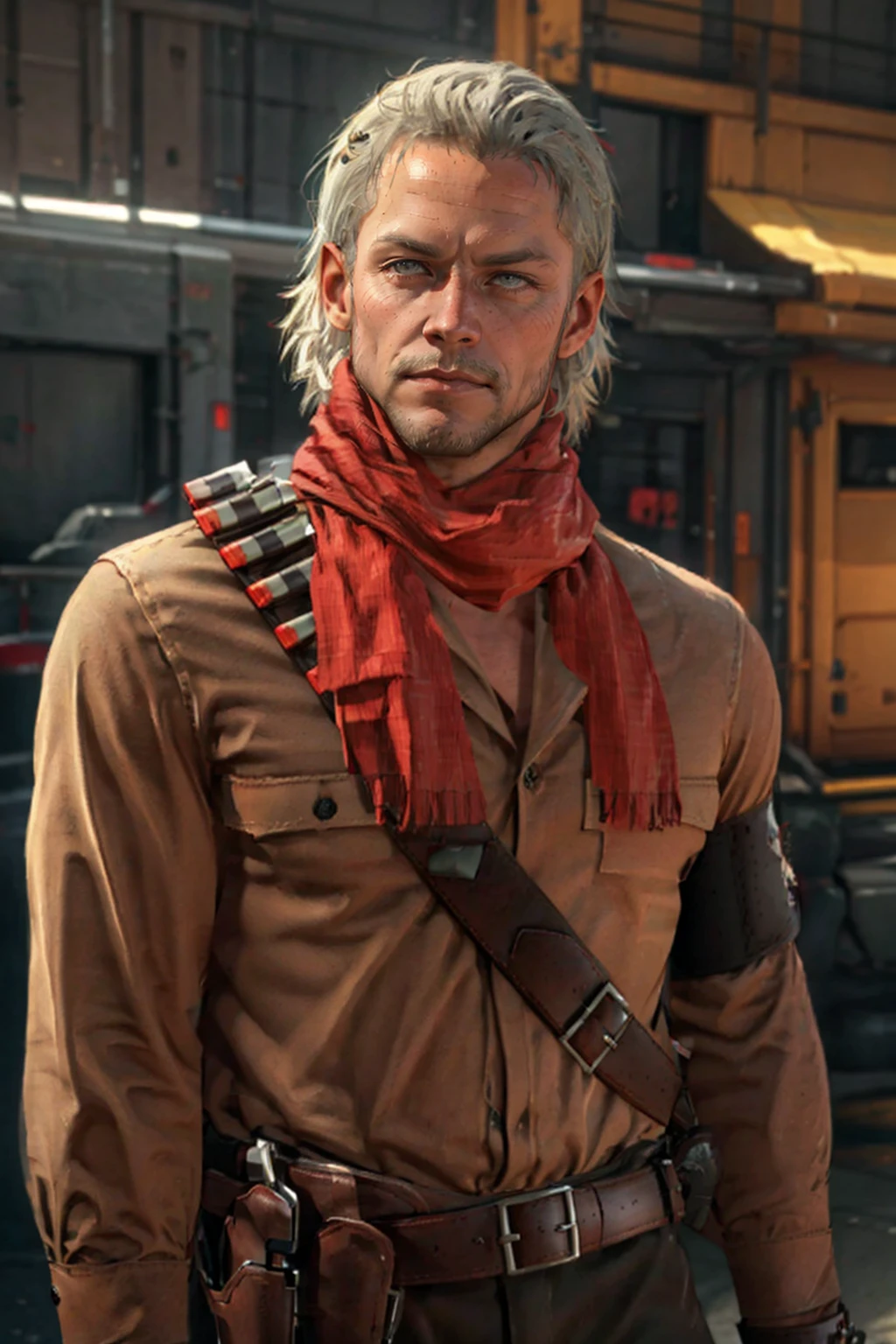 1boy,  solo,  Revolver Ocelot,  Metal Gear Solid,  40 years old,  grey eyes,  white hair,  stubble,  red linen scarf,  utility shirt,  long sleeves,  dark brown canvas pants,  knee-high cowboy boots with spurs,  red gloves,  brown leather bandolier,  belt,  holster,  handsome,  mature,  masculine,  virile,  confidence,  charming,  alluring,  upper body in frame,  Metal Gear Solid location,  perfect anatomy,  perfect proportions,  8k,  HQ,  (best quality:1.5,  hyperrealistic:1.5,  photorealistic:1.4,  madly detailed CG unity 8k wallpaper:1.5,  masterpiece:1.3,  madly detailed photo:1.2),  (hyper-realistic lifelike texture:1.4,  realistic eyes:1.2),  high_resolution,  picture-perfect face,  perfect eye pupil,  detailed eyes,  perfecteyes,  perfecteyes,  dutch angle,  cowboy shot, <lora:EMS-285147-EMS:0.6>, <lora:EMS-498-EMS:0.2>