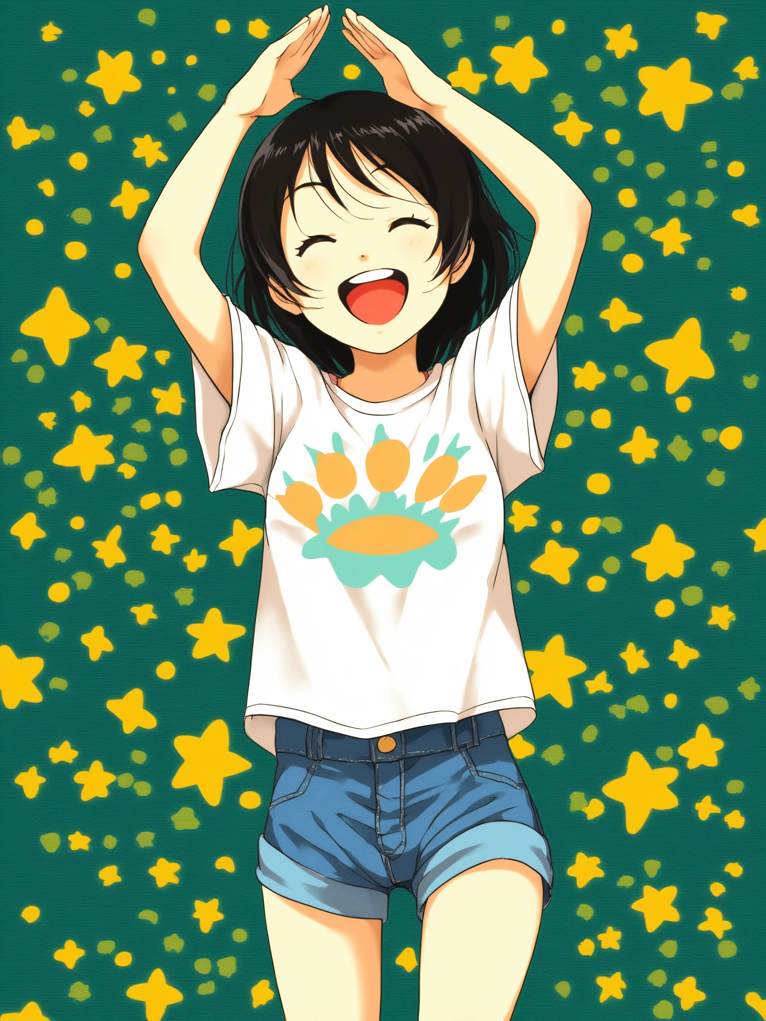 score_9, source_anime, 1girl, happy, upper body, white t-shirt, denim shorts, <lora:KanabunXL:0.87>
