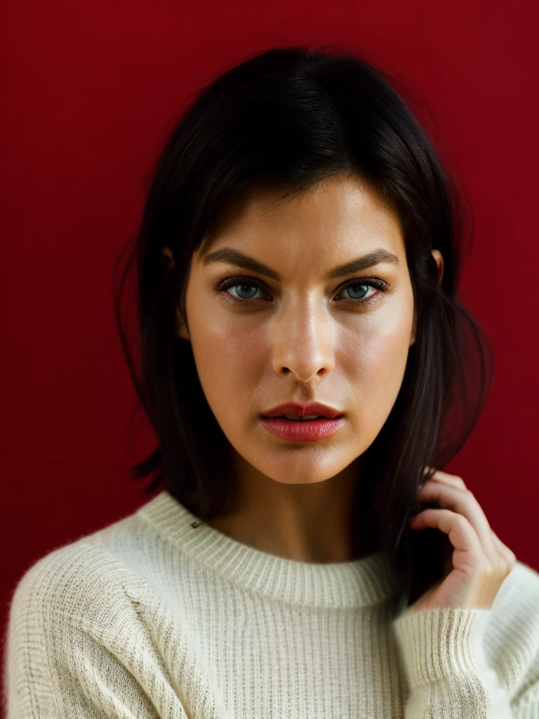 Realistic photo of a beautiful l1nd43 woman,solo,looking at viewer,short hair,blue eyes,simple background,black hair,long sleeves,1boy,closed mouth,male focus,sweater,lips,sleeves past wrists,hands up,portrait,red background,realistic,red sweater,soft lighting, professional Photography, Photorealistic, detailed, RAW, analog, sharp focus, 8k, HD, high quality, masterpiece<lora:l1nd43:1.0>