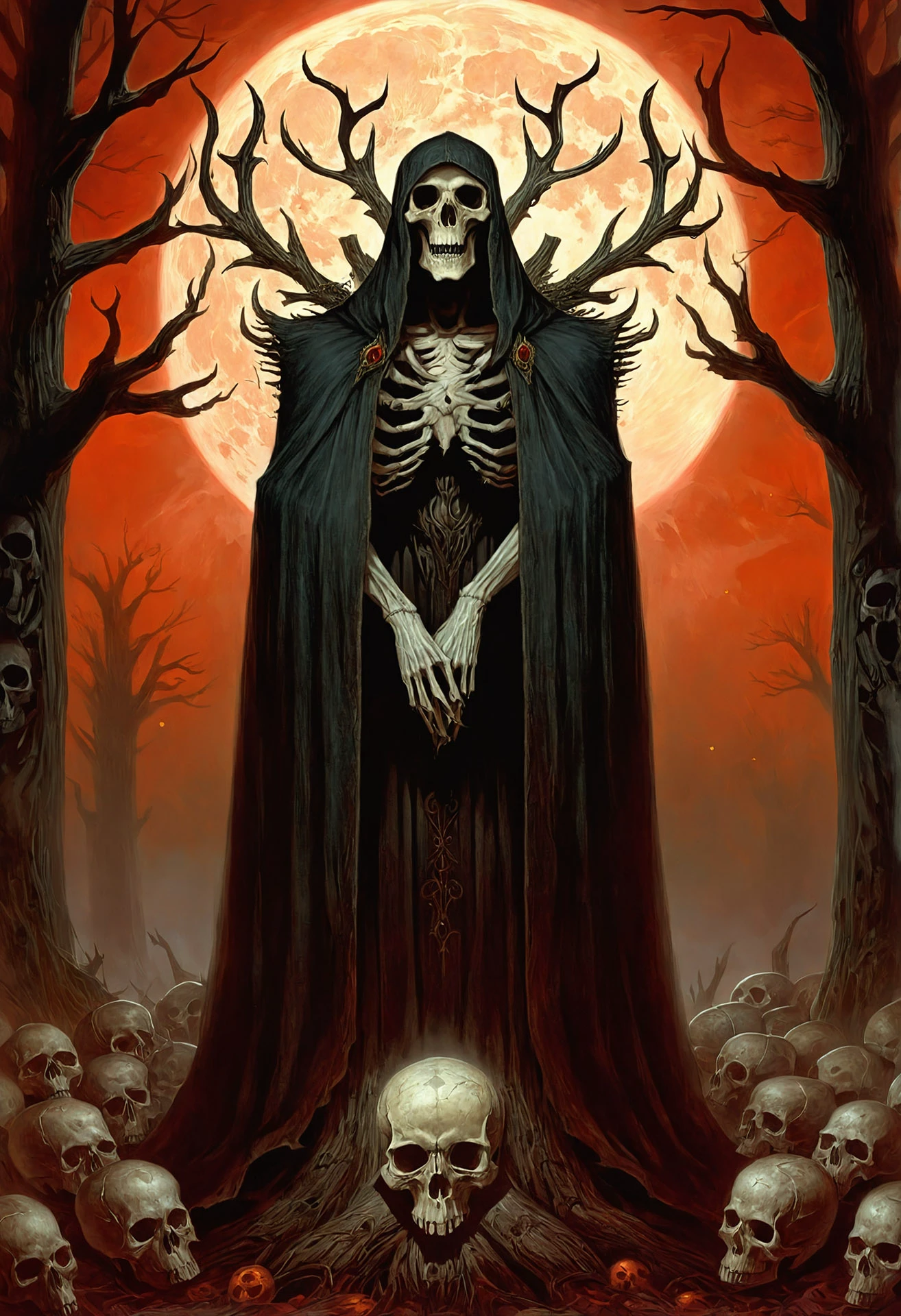 dark fantasy art a dark figure shrouded in a cloak stands before a throne made from a grotesque skull tree in the heart of a haunted forest. the throne sits atop a chilling pile of skulls, illuminated by the eerie glow of moonlight. this fantasy art scene is draped in an ominous and spooky atmosphere, with the full moon casting its cold light over a desolate graveyard. the figure's eyes glow red, mirroring the red and black color scheme that dominates this digital illustration. around, skeletal motifs and glowing elements create a horror theme, enhancing the sense of dread. the air is thick with the essence of the night, making every shadow seem alive and every silence a whisper of the past.