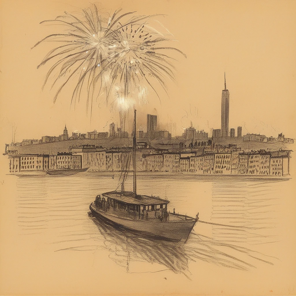 <lora:rough_sketch_xl_v2> rough sketch of a boat sailing in front of a cityscape at night with fireworks