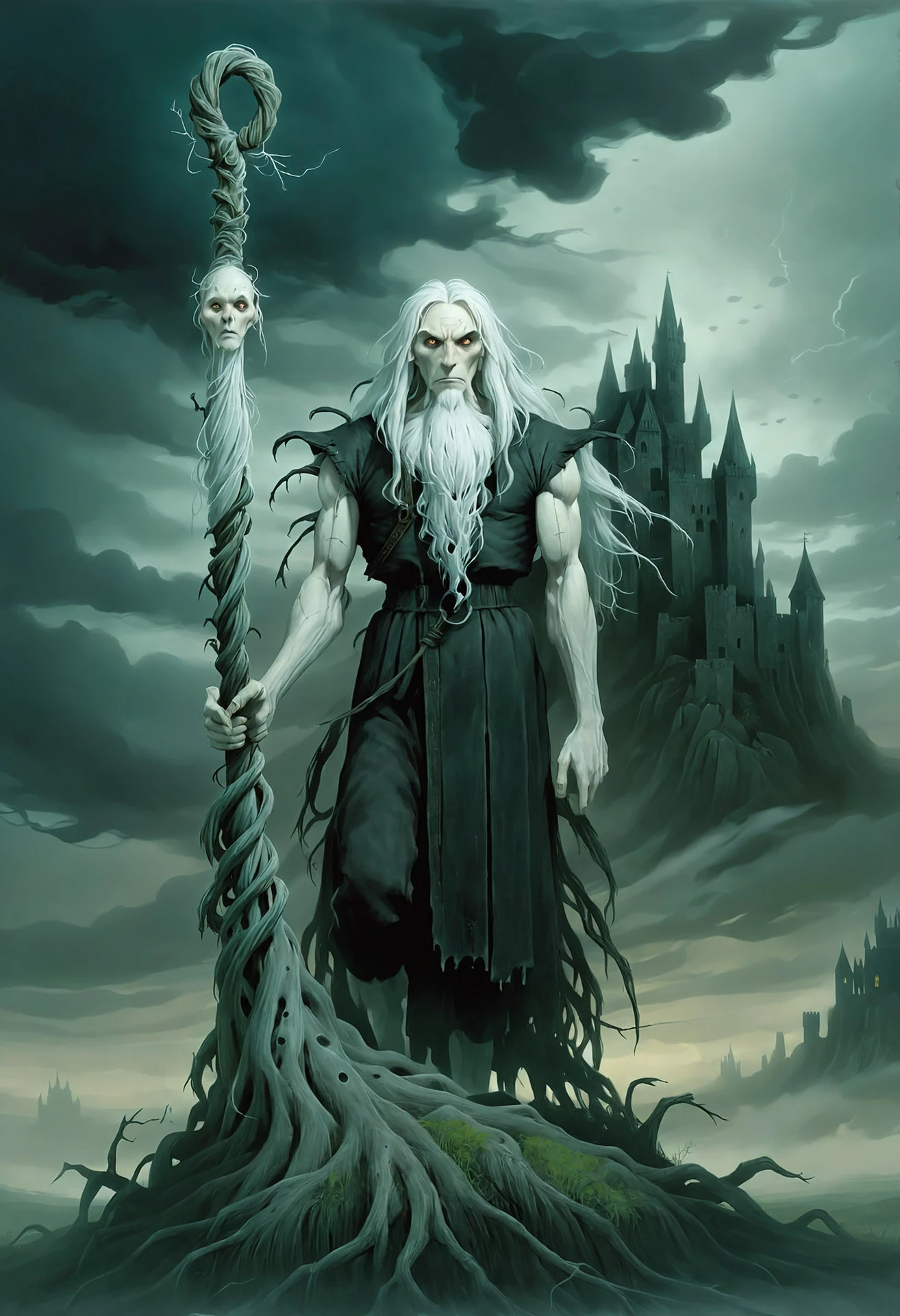 dark gothic fantasy art a pale figure with long white hair stands in the center of an eerie landscape, holding a staff made of twisted roots. the sky is filled with dark clouds and the air is thick with mist. behind him, a castle looms ominously on a hilltop, its walls black as night.