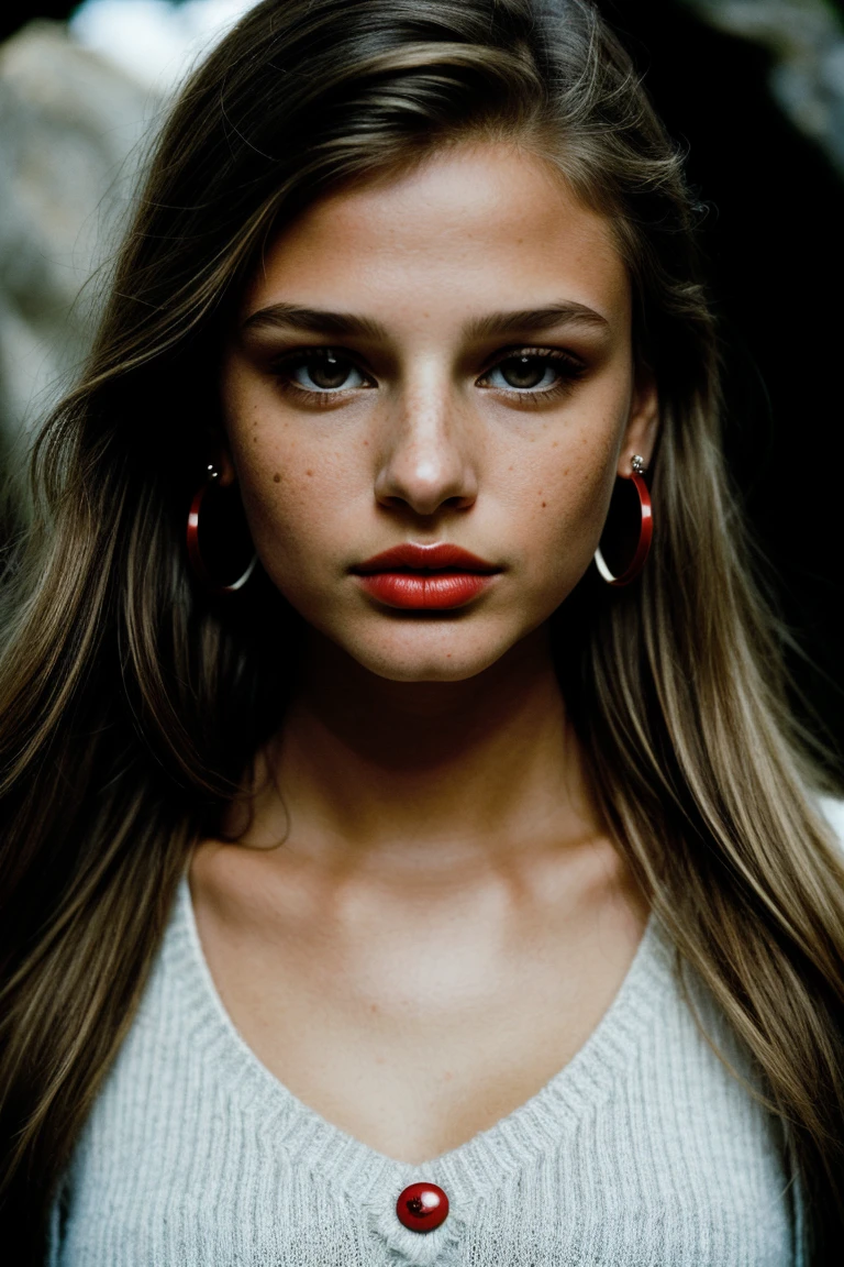 photo of (br1dh4ll-135:0.99), a beautiful woman, perfect blonde hair, (modern photo, Bright Red sweater vest), closeup portrait, 85mm, (analog, cinematic, film grain:1.3), (cave:1.2), detailed eyes, earrings, (seductive pose), (epicPhoto), (looking at viewer), painted lips, jewelry, (cinematic shot:1.3)