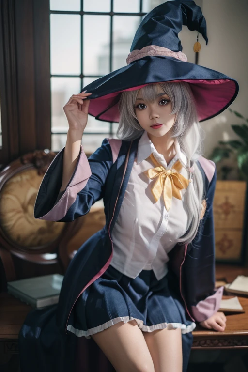 ltra-detailed,highly detailed,best quality,masterpiece,illustration,realistic,photorealistic,
elaina, witch, wizard, elaina \(majo no tabitabi\), cosplay, 1girl, solo,
open robe, collared shirt, long sleeves, wide sleeves, pleated skirt, witch hat, bowtie, frilled skirt, boots,
jewelry, badge,
long hair, bangs, hair between eyes, grey hair, hair ribbon, hair bow,
looking at viewer, cowboy shot, sitting, hand on own chest,
indoors, window, day,
<lora:elaina_v1_06:0.8>