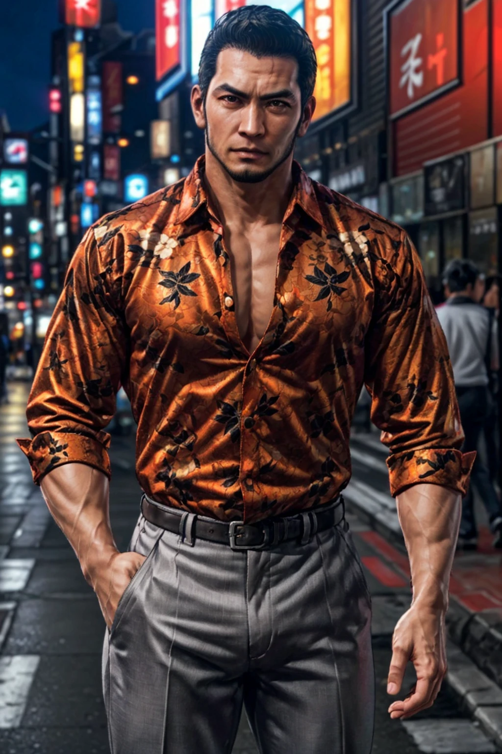 (1 image only),  solo male,  1boy,  Masaharu Kaito,  Yakuza,  38 years old,  Asian,  Japanese,  brown eyes,  black hair,  short hair,  cropped black hair,  chinstrap beard,  small scar cuts through left eyebrow,  handsome,  tall and muscular build,  orange and yellow and black floral silk button down shirt,  light grey dress pants,  black slip-on leather loafers,  fit body,  mature,  manly,  hunk,  masculine,  virile,  confidence,  charming,  alluring,  upper body in frame,  night at Kabukicho Tokyo,  perfect anatomy,  perfect proportions,  8k,  HQ,  (best quality:1.5,  hyperrealistic:1.5,  photorealistic:1.4,  madly detailed CG unity 8k wallpaper:1.5,  masterpiece:1.3,  madly detailed photo:1.2),  (hyper-realistic lifelike texture:1.4,  realistic eyes:1.2),  high_resolution,  picture-perfect face,  perfect eye pupil,  detailed eyes,  perfecteyes,  perfecteyes,  dutch angle,<lora:EMS-498-EMS:0.400000>,<lora:EMS-284837-EMS:0.600000>