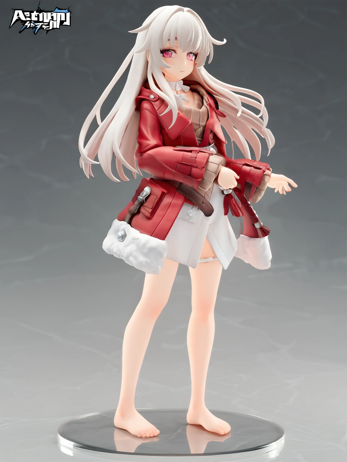 <lora:xl_pvc1.7-000004:1>,pvc,<lora:xl_clara_a3:1>,'clara' is a girl with long white hair and red eyes,she is wearing the 'kelala' outfit which includes red coat brown sweater white shirt,1girl,solo,barefoot,looking at viewer,pink eyes,full body,standing,closed mouth,, masterpiece, best quality,