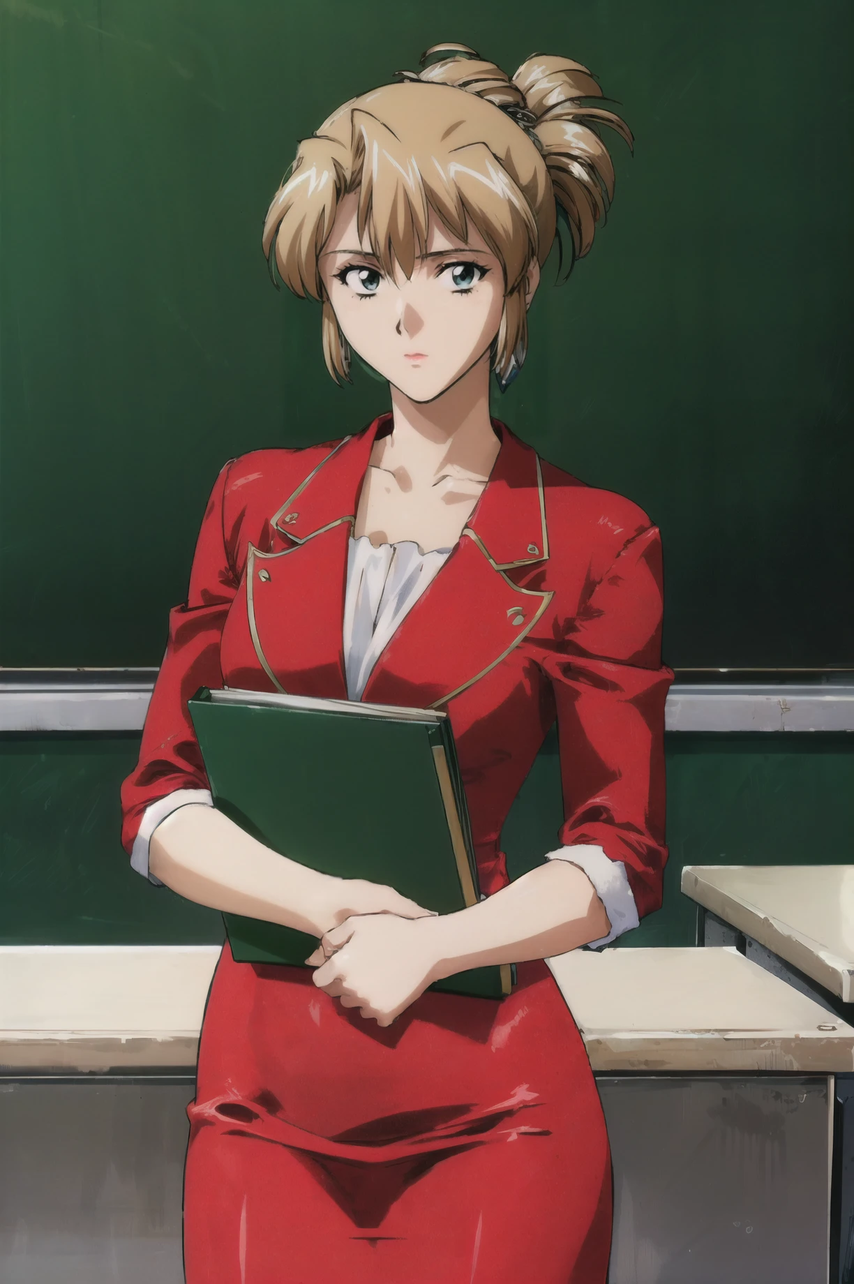 masterpiece, best quality, 1girl, looking at viewer, ultra detailed, <lora:add_detail:0.5>, cowboy shot, <lora:aika_FW:1> , folded ponytail, teacher, classroom, chalkboard,