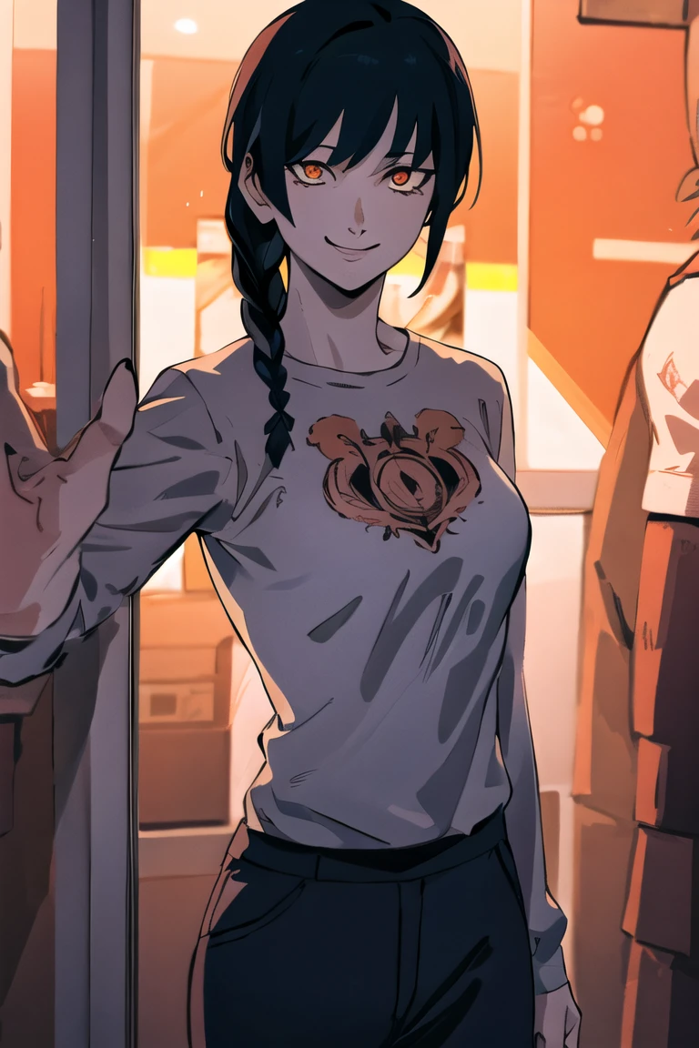 1girl,  solo,  long hair,  looking at viewer,  smile,  bangs,  shirt,  black hair,  white shirt,  braid,  sweater,  orange eyes,  reflection,  braided ponytail,  glass,  ringed eyes,  broken glass,  nayuta\(chainsaw man\), roru, artwork,<lora:EMS-285009-EMS:0.800000>