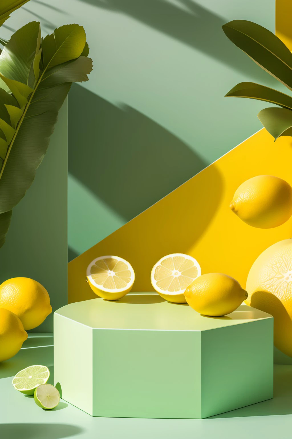 masterpiece, high quality, Hexagonal product stand, yellow and green theme, mint and lemons, J_showcase , <lora:aki:0.8>