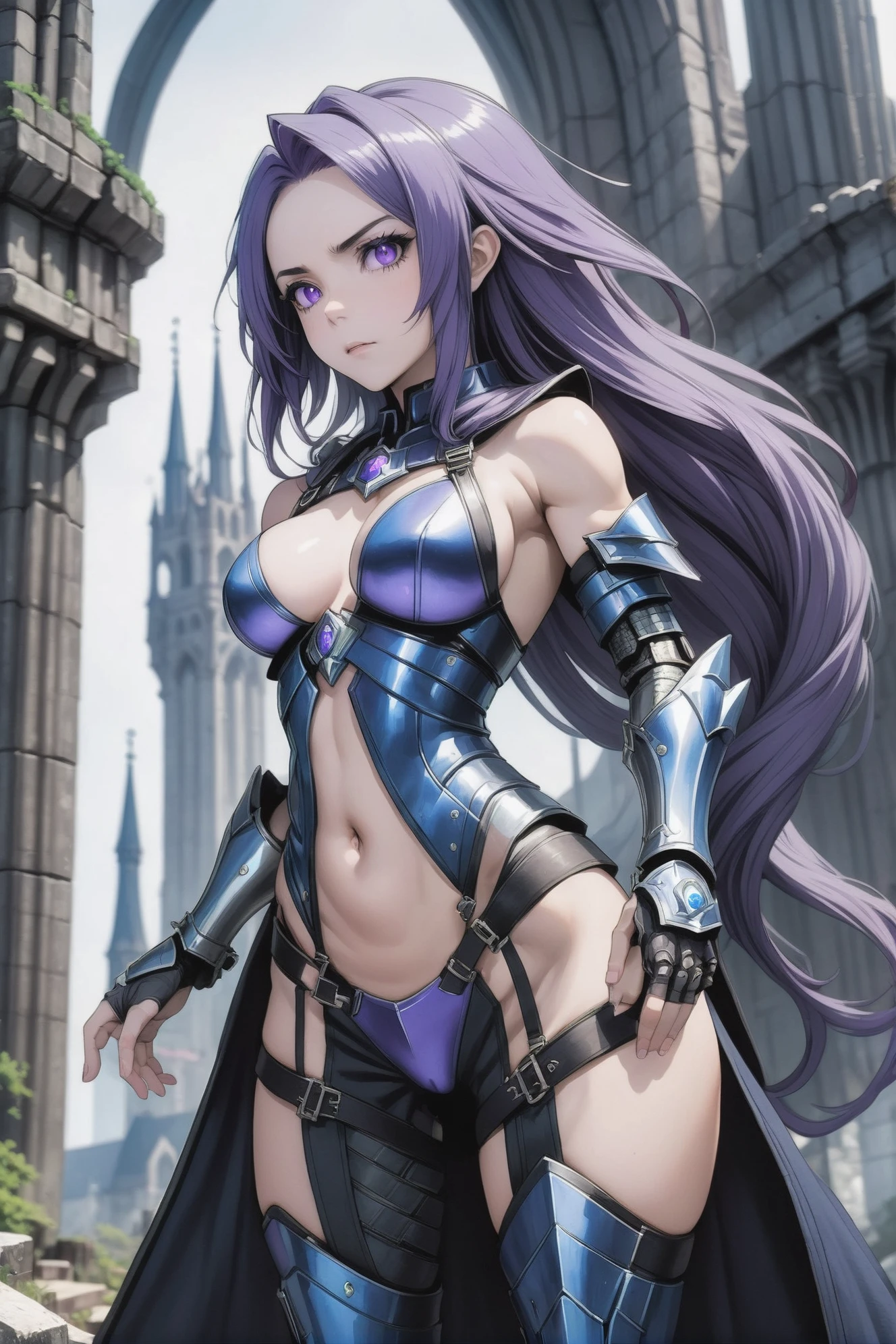 anime style, Gothic cathedral ruins in a colossal,gargantuan fantasy arcology edge of the universe, masterpiece, 1girl, woman, sci-fi dervish lord, (armor:1.3), bombshell hair, violet hair with azure highlights, long hair, slim, atheletic figure, narrow waist, medium breasts, caucasian<lora:EnvyGoddessXL02:1>