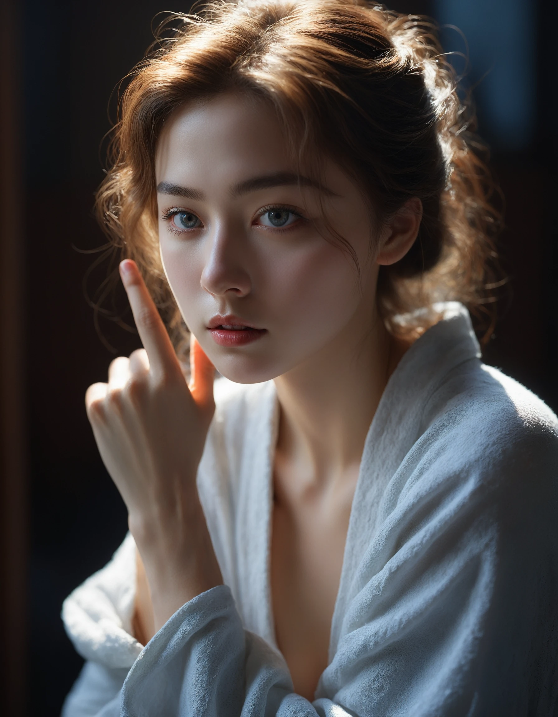 Renaissance style ,at Night,(1 dim light),(Vivid-realism),(Hyper-realism),(realistic white skin),(Absolutely detailed photos),(sharp focus),20 yo cute girl,slender,pretty face,best detailed face,subcutaneous vein,curiosity,leaning forward,detailed vivid twinkle iris,impressive lighting,white ripped knit cloth pajama,thin cloth,messy hair, low saturation,(stretching cloth with finger),skin fluff,fine wrinkles,(natural skin blemishes:0.5), (freckles:0.5),high contrast,best Ray tracing,(focus on face),attractive breasts,grey eyes,no makeup, (gloomy eyes),(small eyes), Realistic, perspective, light and shadow, religious or mythological themes, highly detailed