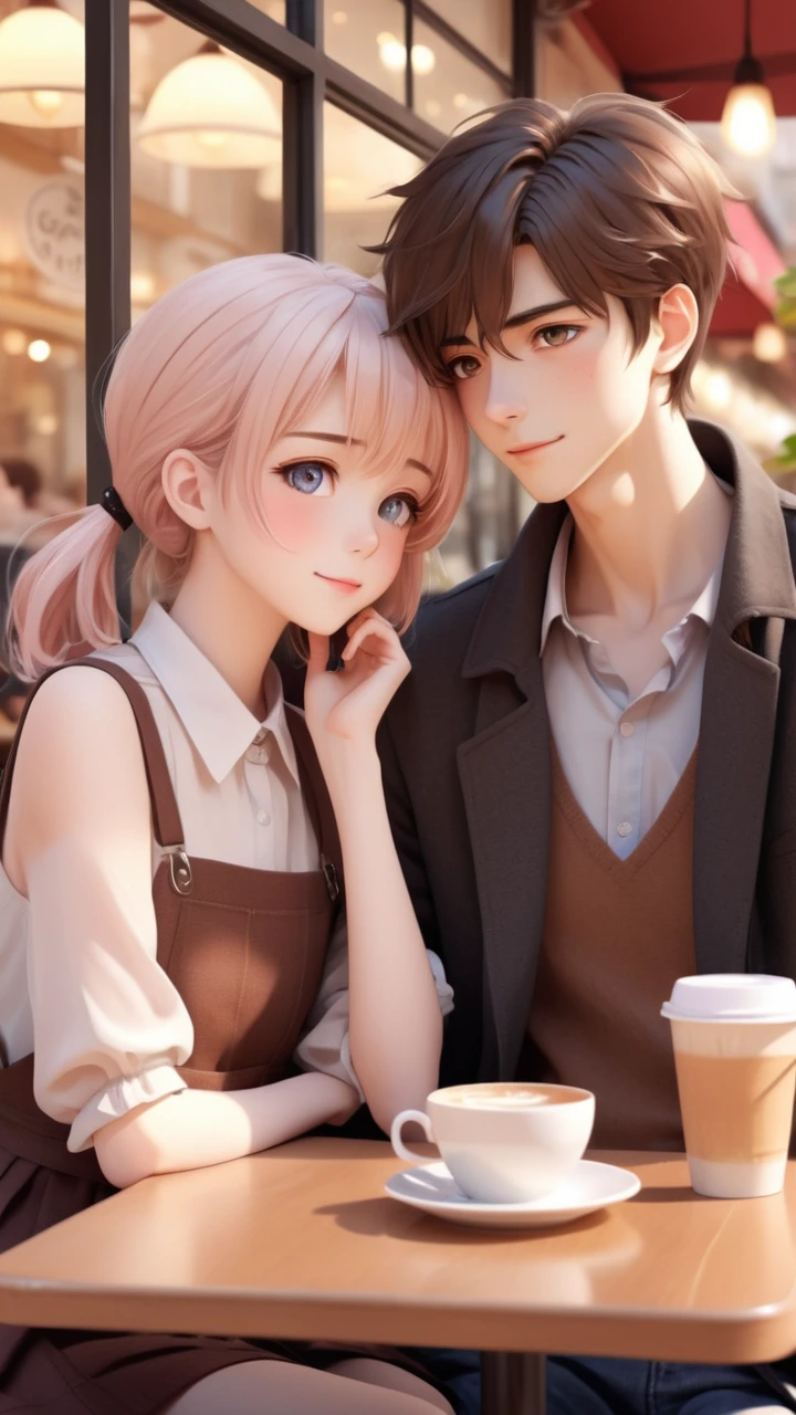 Generate a 32k UHD professional anime illustration, showcasing a boy and girl on a cafe date, extremely delicate detail. The scene in professional detail and perfect proportions, captures their tender affection. Focus on expressive eyes and fashionable attire, set in a cozy, modern-yet-whimsical cafe. Use soft, warm lighting to create a romantic, inviting atmosphere, telling a charming, heartwarming story. Blushing emotional faces.