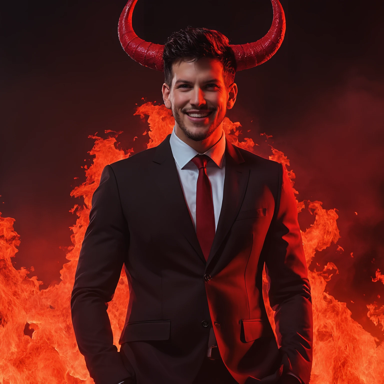 mathp jason ritter <lora:mathp-jason_ritter-000001:0.8> red skinned demon, horns, (devil monster:1.2), hell, flaming burning background, black suit, , wearing business suit devil, beautiful masterpiece highest quality BREAK red body paint, devil horns