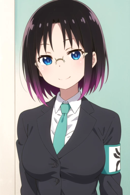 ((masterpiece)),(best quality),official art,extremely detailed CG,unity 8k wallpaper,ultra detailed,beautiful detailed eyes,extremely detailed face,1girl,solo,upper body,(portrait:1.5),looking at viewer,facing viewer,smile,short_hair,multicolored_hair,gradient_hair,black_hair,purple_hair,blue_eyes,glasses,black_jacket,collared_shirt,white_shirt,armband,aqua_necktie,large_breasts,long _sleeves,pencil_skirt,skirt_suit,black_skirt,high_heels,black_footwear,<lora:Elma(kscnm)>,
