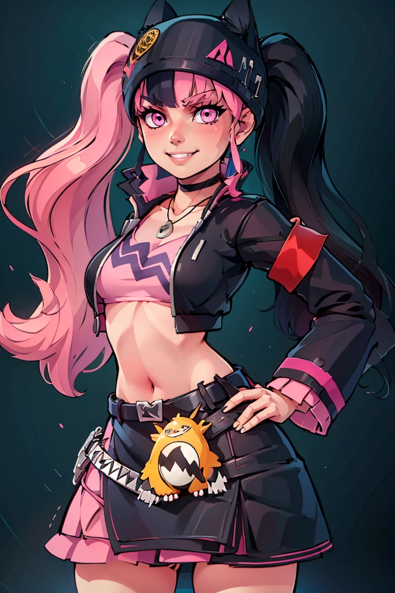 ((masterpiece,best quality)), absurdres, <lora:Zoe_Rayne_Palworld:0.8>, Zoe_Rayne, 1girl, solo, pink eyes,  multicolored hair, two-tone hair, twintails, long hair, black hat, animal ear headwear, black choker, black jacket, cropped jacket, choker, belt, miniskirt, black skirt, necklace, pendant,  midriff, crop top, solo, hand on hip, smug, smile, looking at viewer, cowboy shot, from behind,