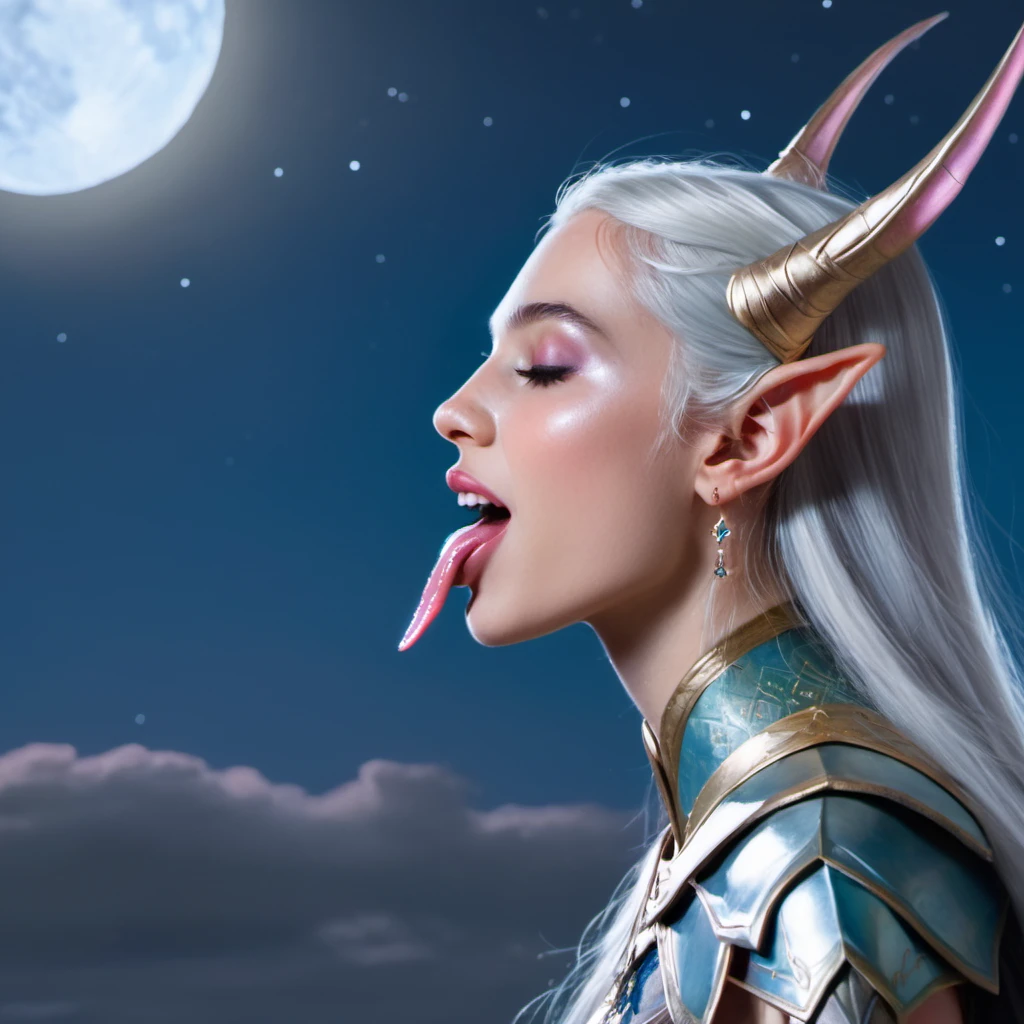 Side view, Tongue out, A ((painting)) of a stunning happy high elf princess woman sticking her pink tongue out,moonlight, ethereal, <lora:concept_tongue_out_xl_1_standard_merger_57_80_04_06:0.6>