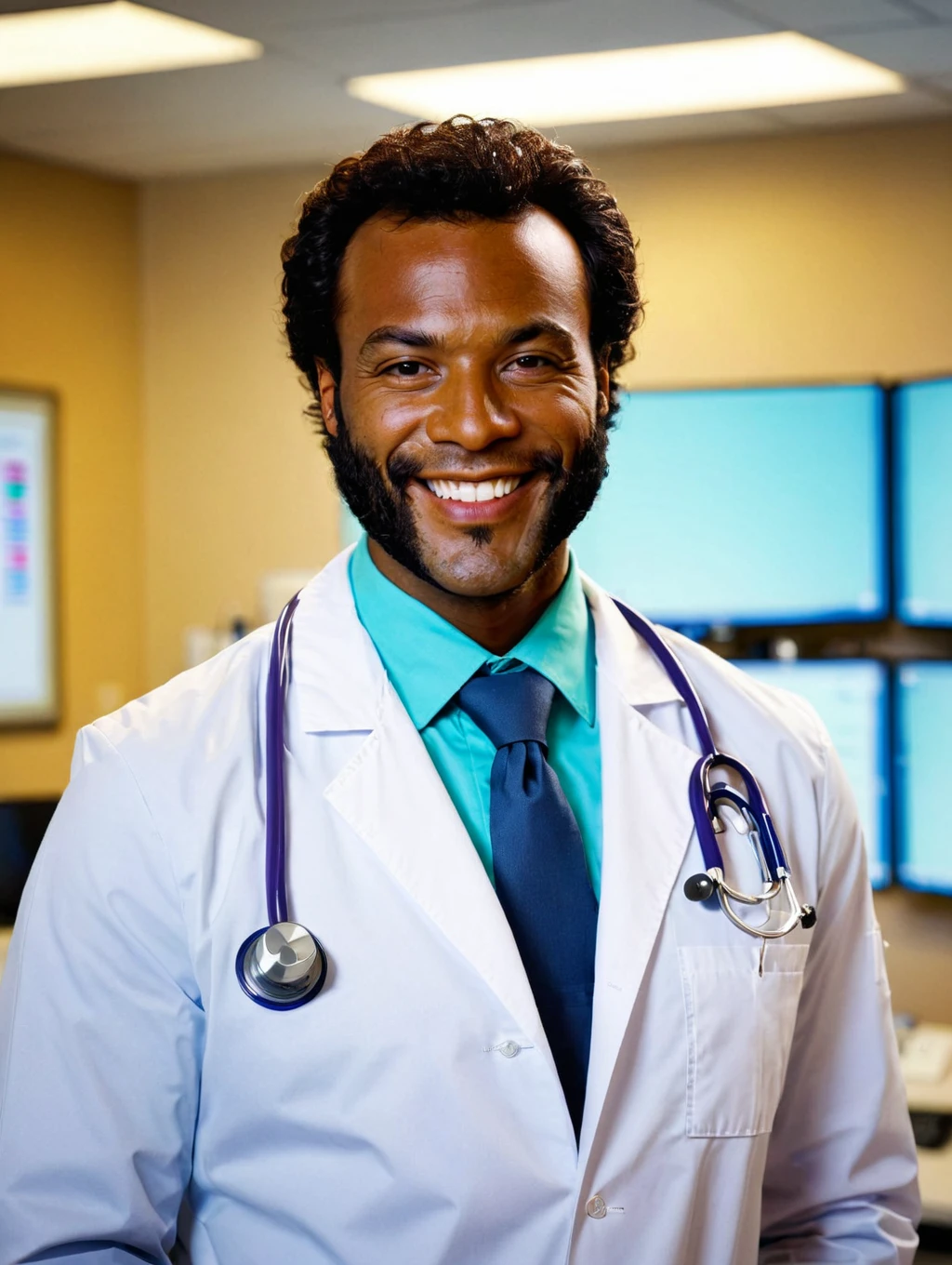 masterpiece bokeh photo, medium full body shot, of a doctor, dark skin, smiling in a doctor coat, <lora:A_Sideburns_Cut:1.1>a_sideburns_cut, (mutton-chops), hospital office background, respirator, monitoring screens