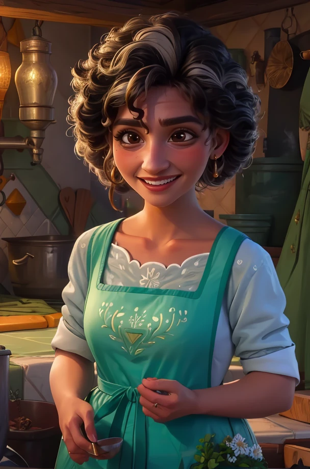 julieta,black hair,streaked hair,short hair,curly hair,brown eyes,
white shirt,apron,earrings,
standing,upper body,smile, teeth,
village,fantasy,Alchemy,indoors,
(insanely detailed, masterpiece, best quality),solo,<lora:julietamadrigal-10ECHv8:0.8>,