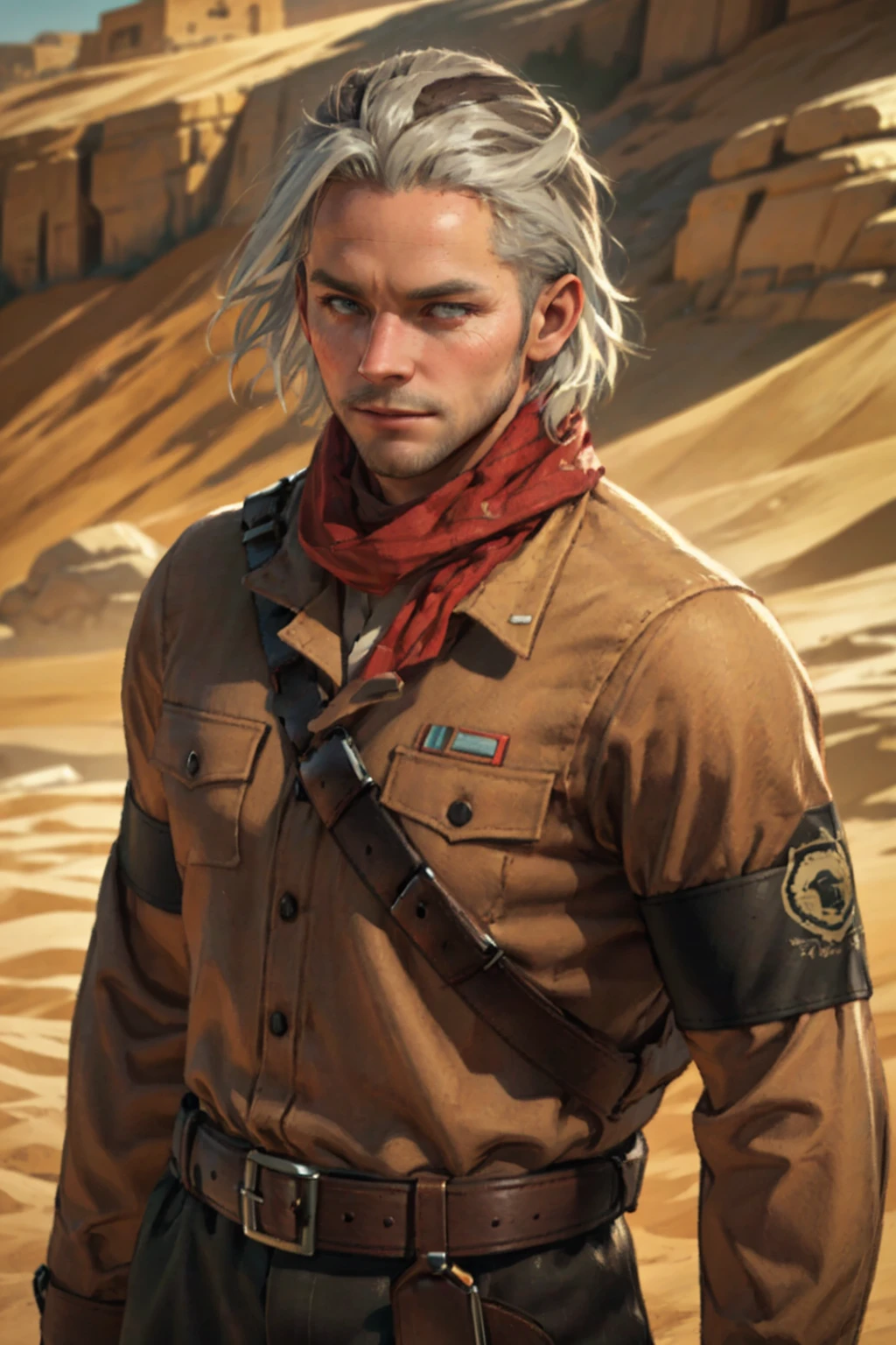 1boy,  solo,  Revolver Ocelot,  40 years old,  grey eyes,  white hair,  stubble,  topless,  shirtless,  dark brown canvas pants,  knee-high cowboy boots with spurs,  red gloves,  brown leather bandolier,  belt,  holster,  handsome,  mature,  masculine,  virile,  confidence,  charming,  alluring,  upper body in frame,  (Afghanistan desert:1.3),  sky,  perfect anatomy,  perfect proportions,  8k,  HQ,  (best quality:1.5,  hyperrealistic:1.5,  photorealistic:1.4,  madly detailed CG unity 8k wallpaper:1.5,  masterpiece:1.3,  madly detailed photo:1.2),  (hyper-realistic lifelike texture:1.4,  realistic eyes:1.2),  high_resolution,  picture-perfect face,  perfect eye pupil,  detailed eyes,  perfecteyes,  perfecteyes,  dutch angle,  dynamic