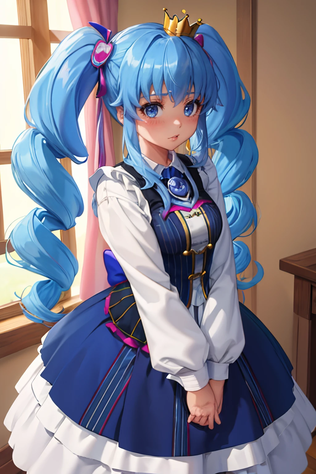 best quality, masterpiece, colorful, high contrast, dynamic lighting, 1girl, <lora:NSClothofMine:1> blue NSCoM, wearing blue NSCoM, 1girl, embroidery, pinstripe pattern,  <lora:CurePrincess:0.6> CurePrincess, crown, twintails, heart brooch