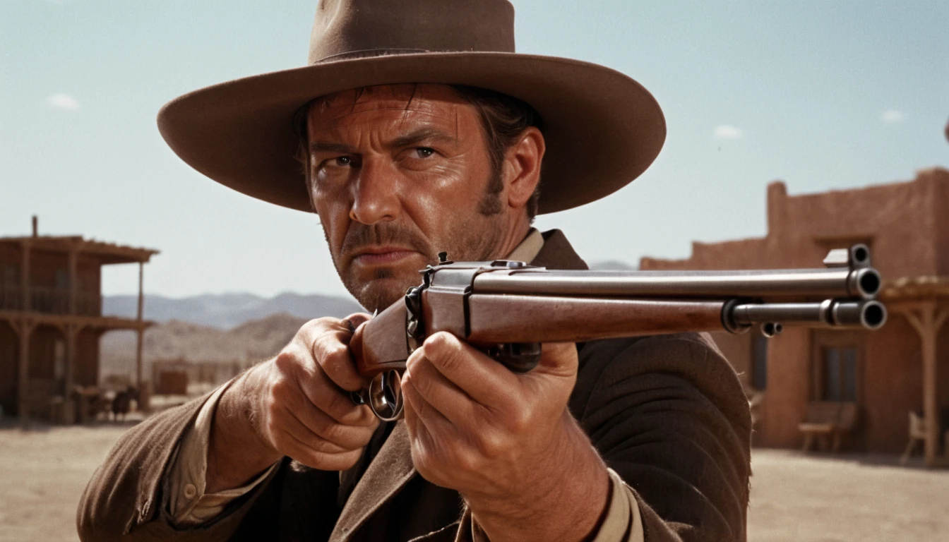 spaghetti-western movie still,
man aiming rifle, hat, blurry background, blurry rifle,

high budget, shot on technicolor, 35mm photo,