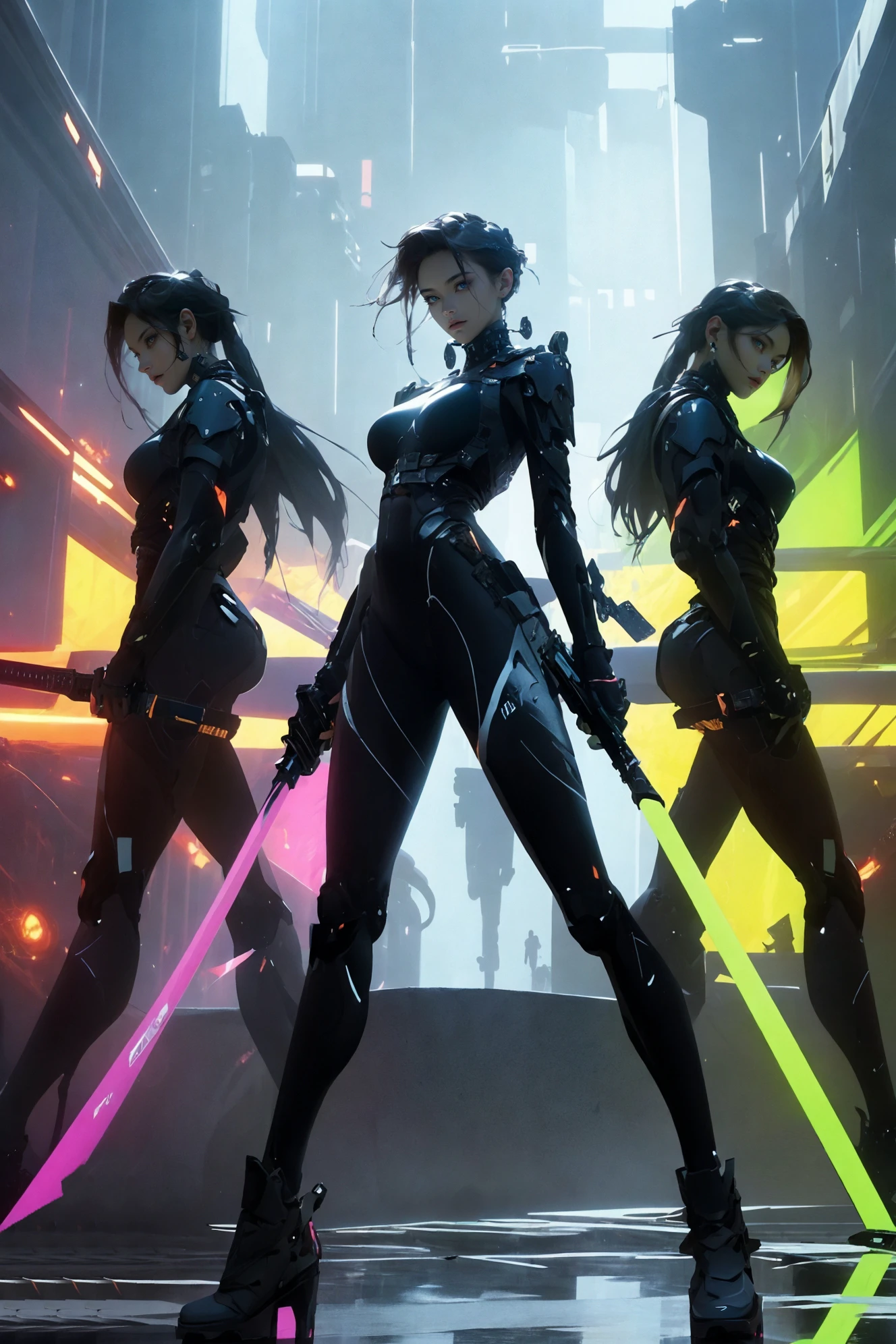 (masterpiece,top quality,best quality,official art,beautiful and aesthetic:1.2), (full body:1.0), Dynamic Angle, Perspective, High Point,pov
A shot with tension(sky glowsVisual impact,giving the poster a dynamic and visually striking appearance:1.2),
<lora:~Q?-[SZkfX xuer cyberwarrior:0.8>