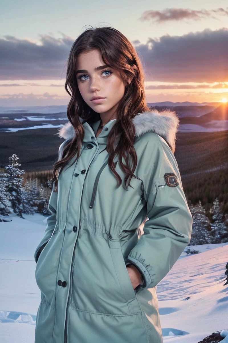 photo of S312_Kinlllley,a stunning woman,on a (snowy-mountain:1.1),wearing a (parkas:1.1),(sunset),(4k, RAW photo, best quality, depth of field, ultra high res:1.1),(absurdres, intricate, photorealistic, masterpiece, ultra-detailed:1.1),