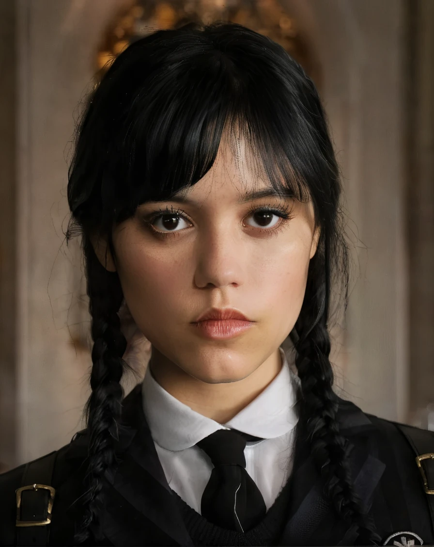 a beautiful picture of w3dn3sday, masterpiece, photorealistic, woman, detailed, backlighting, light, RAW color photo,(fully in frame:1.1), detailed skin texture, (blush:0.5), (goosebumps:0.5),wearing a uniform, black hair, <lora:w3dn3sday_2:1>