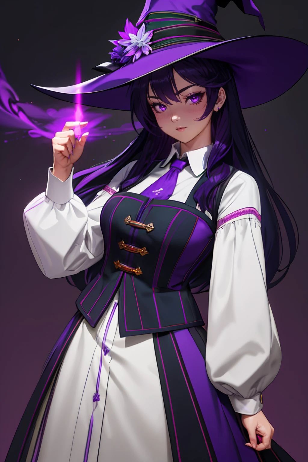 best quality, masterpiece, colorful, high contrast, dynamic lighting, 1girl, <lora:NSClothofMine:1> purple NSCoM, wearing purple NSCoM, 1girl, embroidery, pinstripe pattern, night, purple eyes, glowing eyes, witch hat, black hair