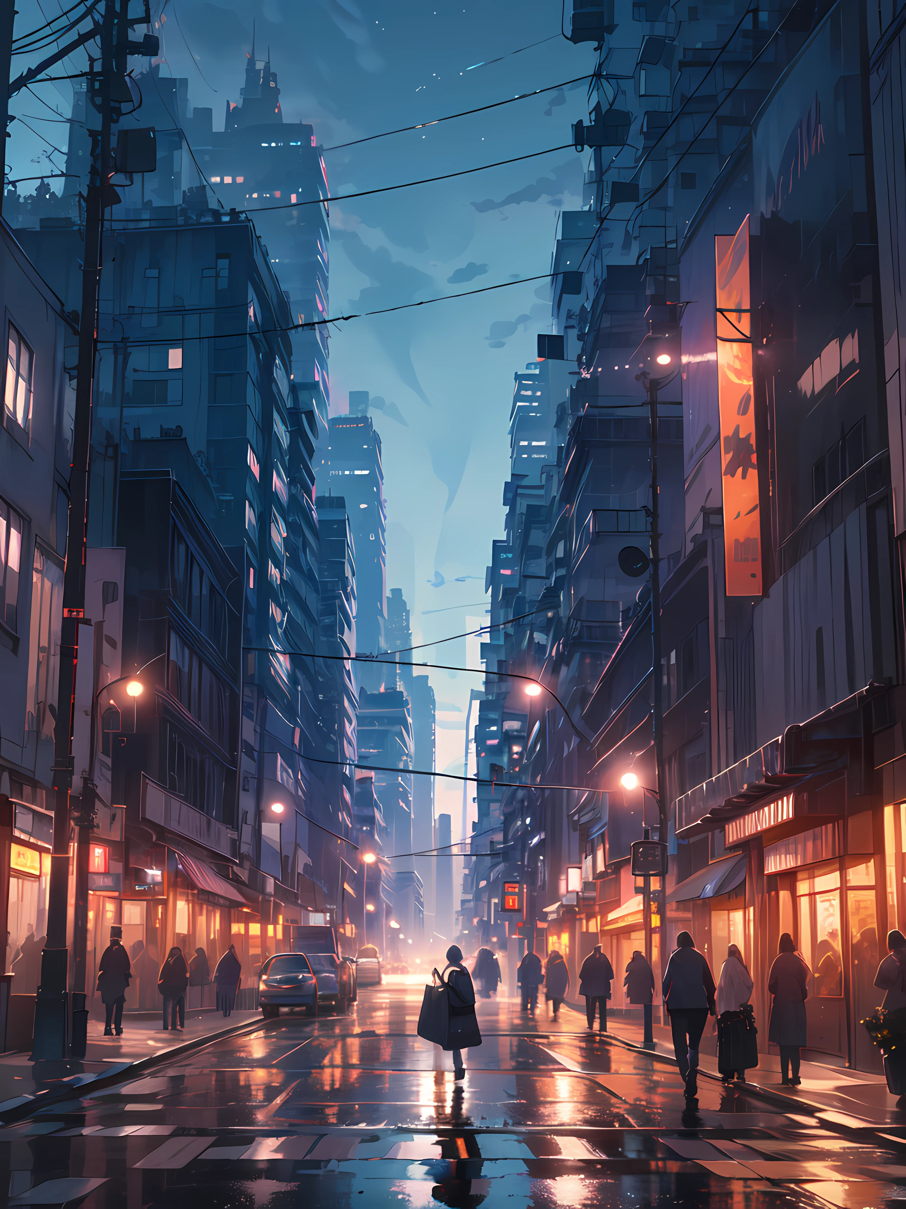 a cityscape at night with tall buildings and bright lights.
A person is walking on the sidewalk, carrying a bag, and wearing casual attire.
4k, DreamLensSTL