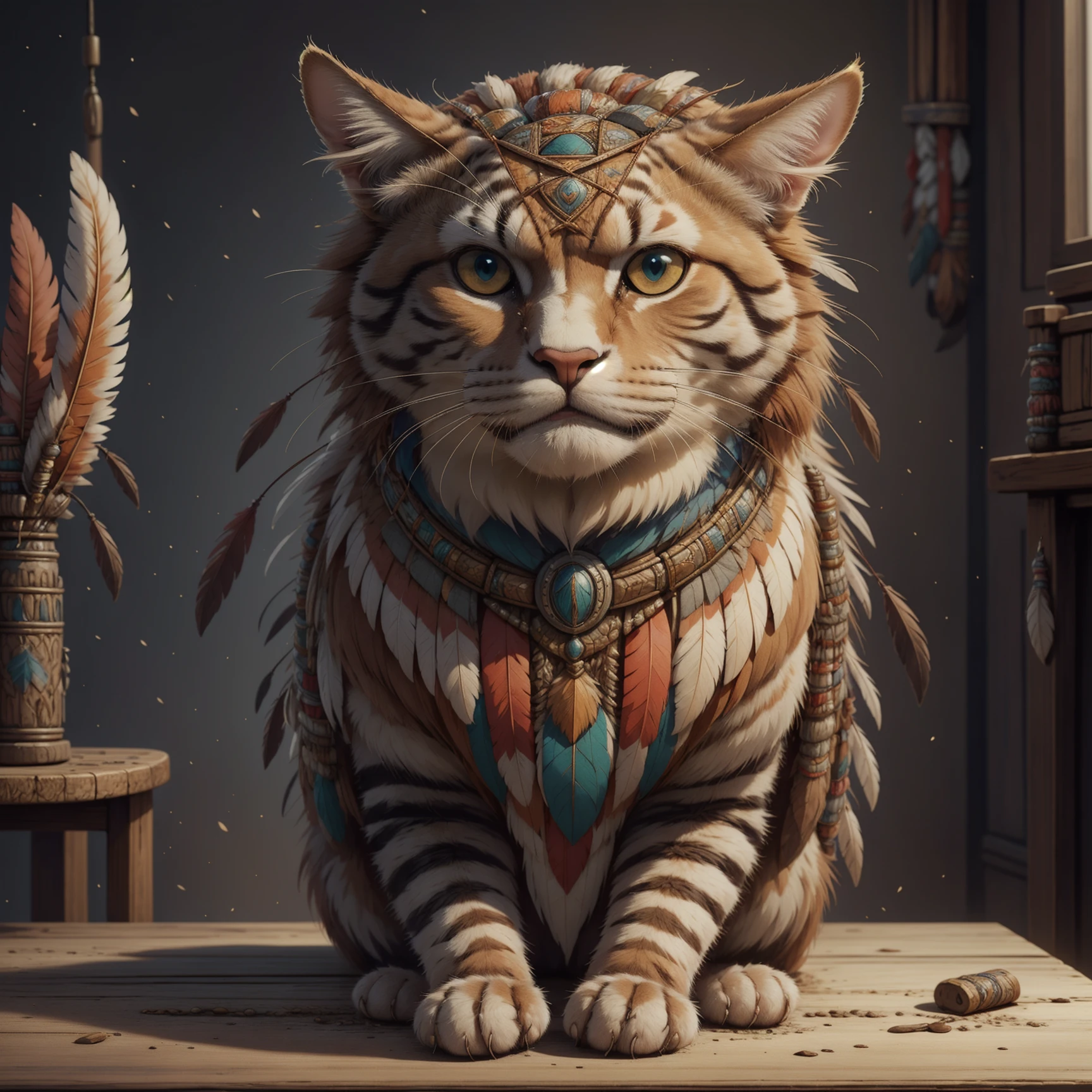 masterpiece, best quality, expressive eyes, absurdres, <lora:NativeAmericanWorld:1> nativeamericanworld, armoured cat, sitting on a table,