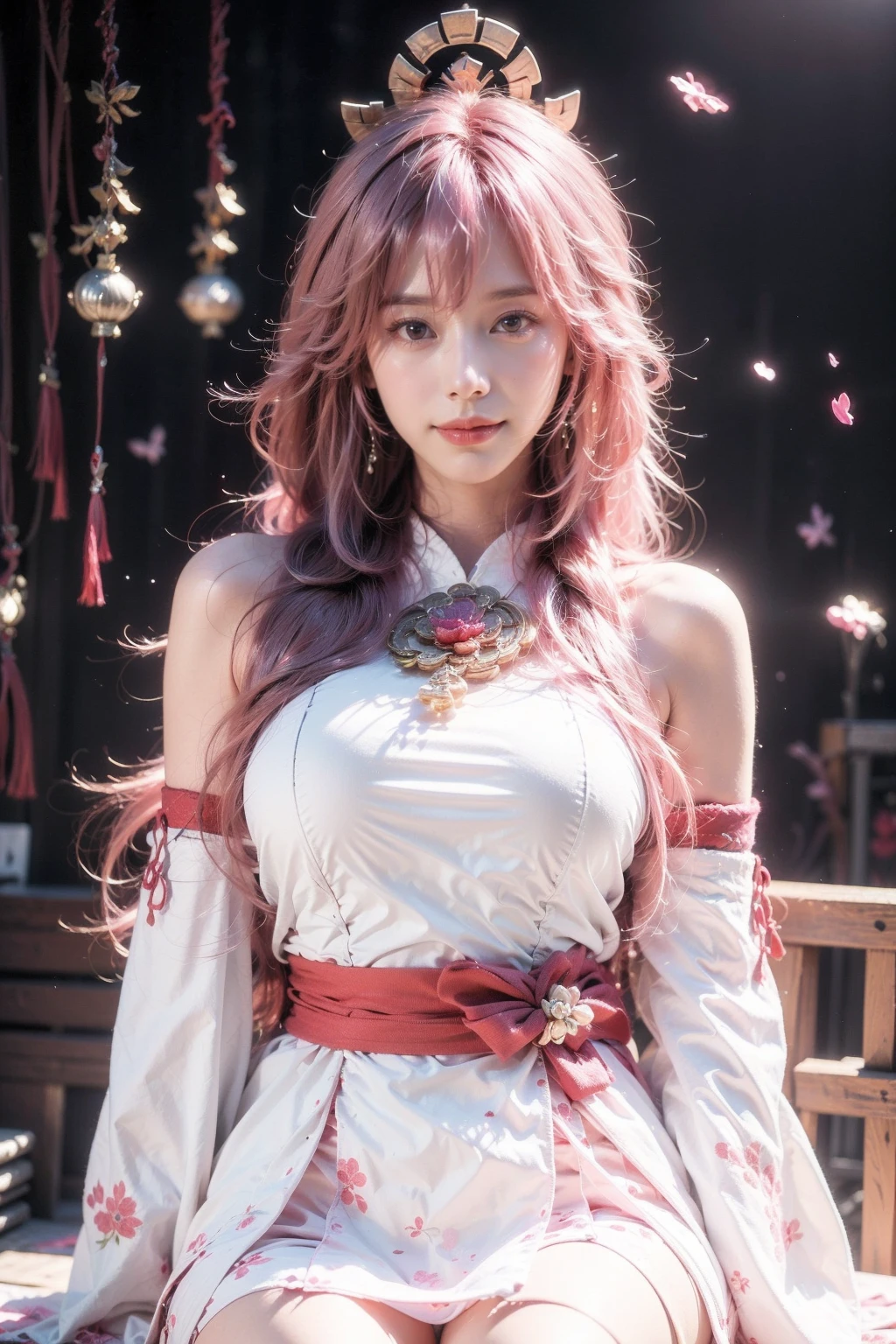<lora:shenzi_20:0.8>,(face lighting:0.8),bright backlight,super high resolution,best quality,Photos,4k,(Realistic:1.2),shenzi,1girl,long hair,(pink hair:1.2),purple eyes,(very long hair:1.4),look at the audience,separated sleeves,smile,jewelry,wide_sleeves,(hair_ornament:1.4),thigh,pink kimono,