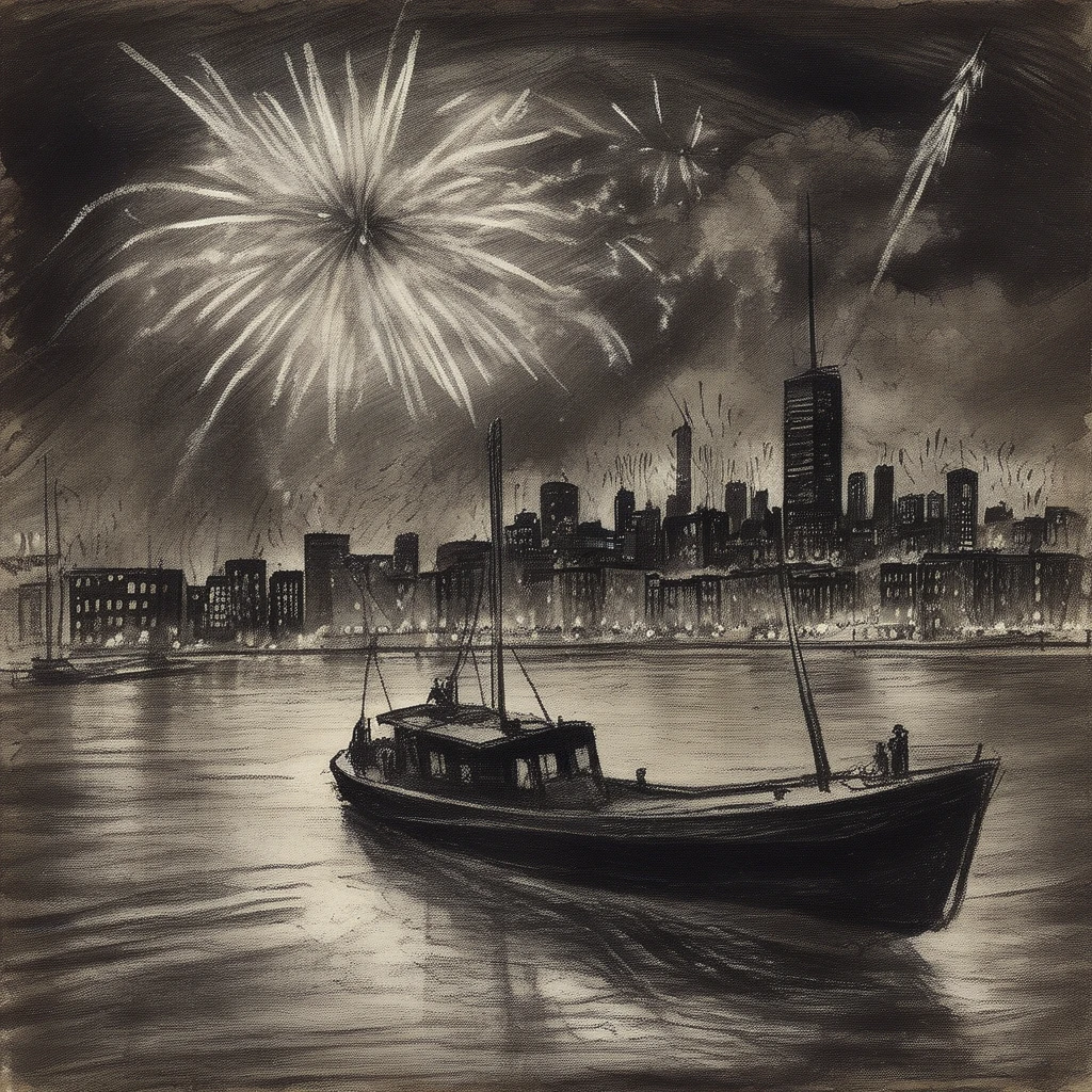 <lora:rough_sketch_xl_v2> rough sketch of a boat sailing in front of a cityscape at night with fireworks overhead, textured messy shading with chalk, bumpy paper, black background, detailed, grayscale