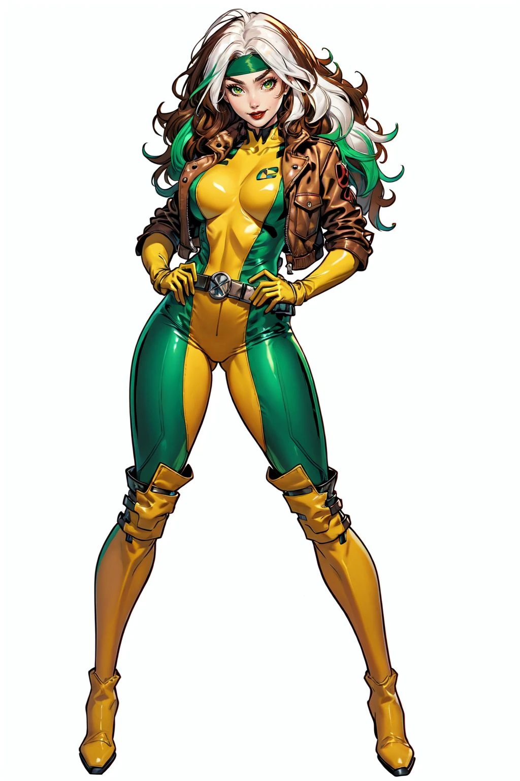 (((A comic style, cartoon art))). view from below. Rogue is in an destroyed New York City, She is wearing her signature Green and Yellow outfit and brown jacket, in dynamic funny pose. brown and white hair, she holds a glowing (((Hot Body, athletic body, sexy, Camel Toes))), ((sexy pose)), which appears to be pulsing with power. ((abstract comic background)) , vivid colors, detailed, detailed face.