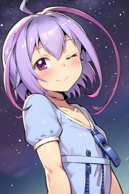 masterpiece, best quality, FastNegativeV2, purple hair, two-tone hair, ahoge, short hair, red eyes, dress, zipper, bracelet, night sky, stars, looking at viewer, one eye closed, one eye open, smile, blush