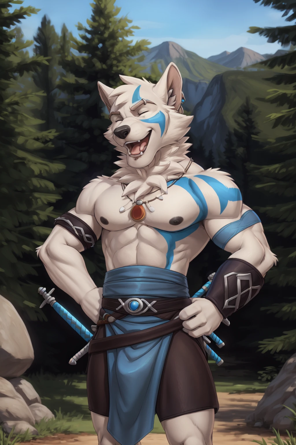 Solo Sexy anthro furry wolf male; ancient Mediterranean desert warrior; slim mesomorph handsome model apperance apperance; boy's messy short hair headband; sexy toned muscules; sword scars;  worn out rusty sexy skimpy armament. He has low on hips heavy leather studded heavy belt. he has narrow in the crotch very old worn out jockstrap (smelly jockstrap fetish); His jockstrap it is made of old white linen material sewn together from a few pieces, it has never been washed, it is dirty and has stains from secretions of dried semen and sweat; His armor is old heavy brown harness with armlets studded with spikes; he has old brown leather BFR Bands on Biceps and his thighs, he has old worn out fingerless leather gloves. Even though he is a handsome and sexy man, he has a sloppy appearance, has disheveled unwashed dirty fur, dirty body look. He stands proudly bravely with one foot on a higher stone in the Mediterranean sunny pine forest; he has a proud, threatening and defiant expression on his face, with little dirty dangerous smile;