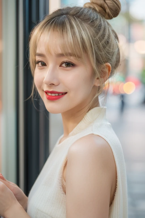 (masterpiece:1.35),(bestquality:1.4),8k,ultra-detailed,photography,(ultra-realistic:1.4),film grain,Fujifilm XT3,1girl,aisan slim female,solo,eyeliner,eyelashes,eyeshadow,lips,random_color_lipstick,random_color_nail_polish,stylish_chlothing,(Seductive Smile,Bokeh lighting,Looking Outside,ground view down:1.45),(Ash blonde Hair,topknot,layered Hair,asymmetrical bangs:1.37),