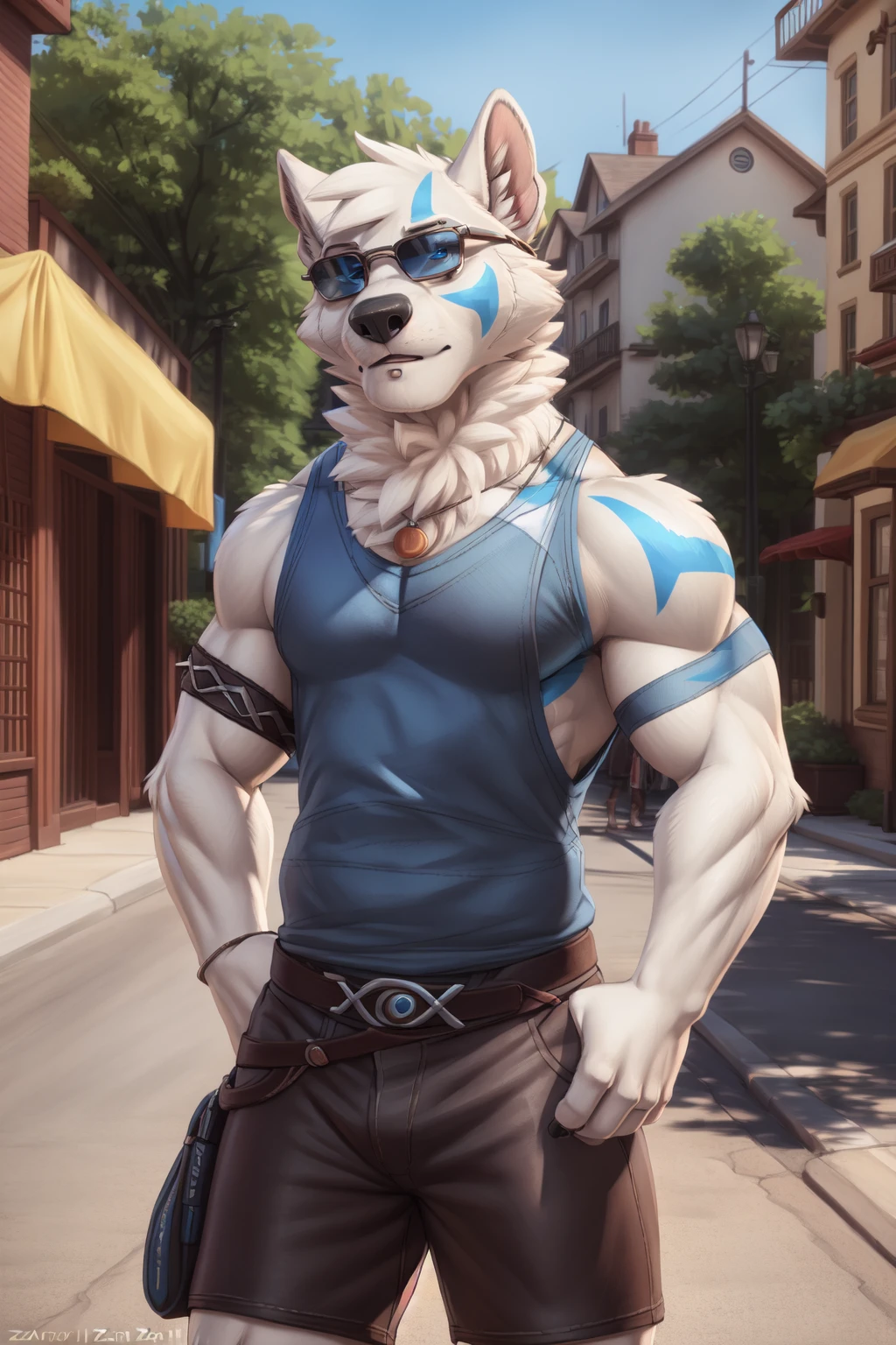 weregarurumon, unclothed, completely ?????, covering his ?????? with both hands, embarrassed, in a public place, exposed, nude, hiding, shy