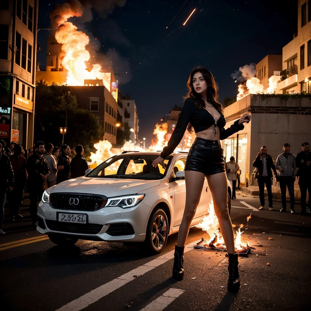 dark aesthetic photo, an Iranian girl amidst a chaotic street protest in Tehran, The scene is filled with tension and unrest, as flames from fire flares illuminate the night sky in the background. Standing boldly on the roof of a car.