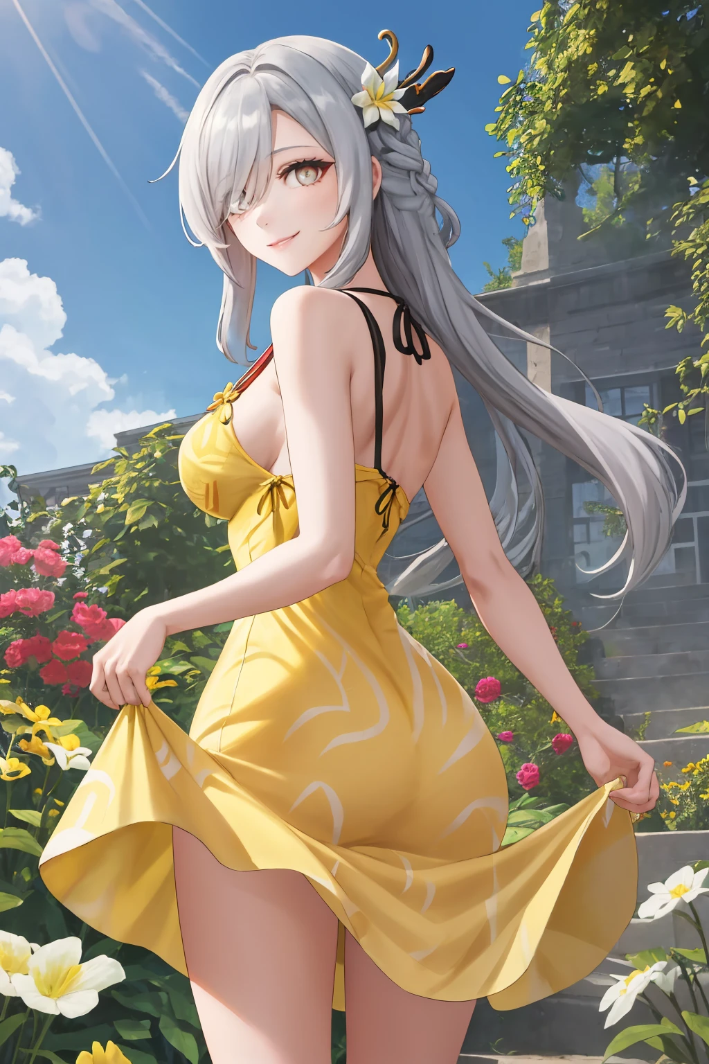 masterpiece, best quality, 1girl, solo, <lora:shenhefrostflowerdew-gi-richy-v1:0.7> shenhefd, braid, hair ornament, hair over one eye, from behind, looking at viewer, looking back, (yellow sundress:1.4), grey eyes, wide hips, long legs, outdoors, garden, dappled sunlight, smile, sideboob