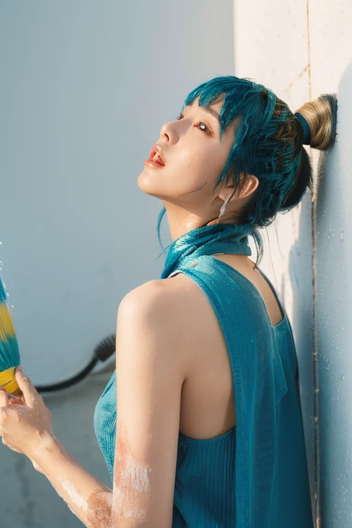 (masterpiece:1.35),(bestquality:1.4),8k,ultra-detailed,photography,(ultra-realistic:1.4),film grain,Fujifilm XT3,1girl,aisan slim female,solo,eyeliner,eyelashes,eyeshadow,lips,random_color_lipstick,random_color_nail_polish,stylish_chlothing,(Shouting,Wall wash lighting,looking back,looking up:1.45),(colored inner hair,short ponytail,drill hair,parted bangs:1.37),