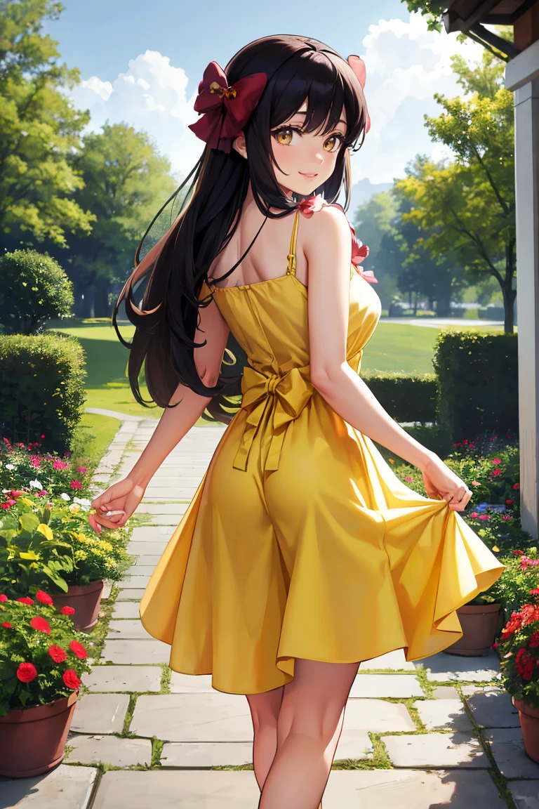 masterpiece, best quality, absurdres, ChikaruMinamoto, hair bow, from behind, (yellow sundress), garden, day, sunshine, smile, looking back, <lora:ChikaruMinamoto:1>