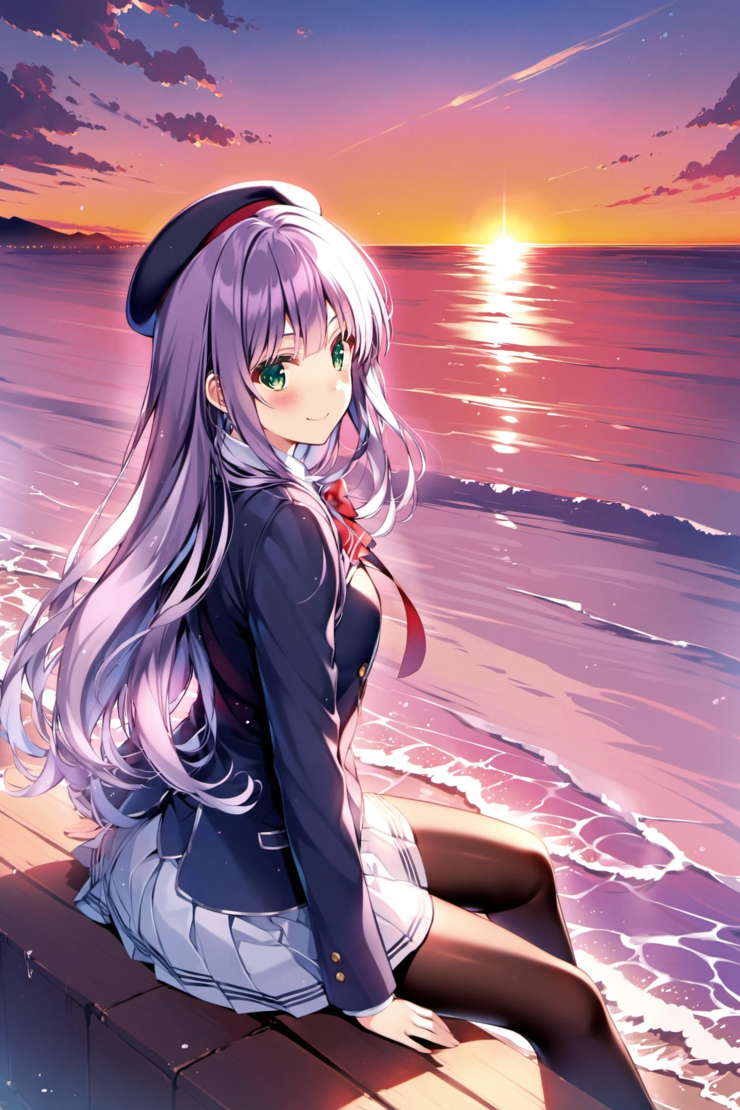 MisakiKurehito,1girl, solo, sitting, long hair, hat, pantyhose, skirt, smile, sunset, looking at viewer, outdoors, pleated skirt, green eyes, ocean, long sleeves, sky, cloud, arm support, jacket, black pantyhose, looking back, beret, horizon, bangs, water, school uniform, clover, blazer, light purple hair, ribbon, blush, bow, very long hair, closed mouth, purple hair, white skirt, <lora:Misaki Kurehito_XL:0.8>