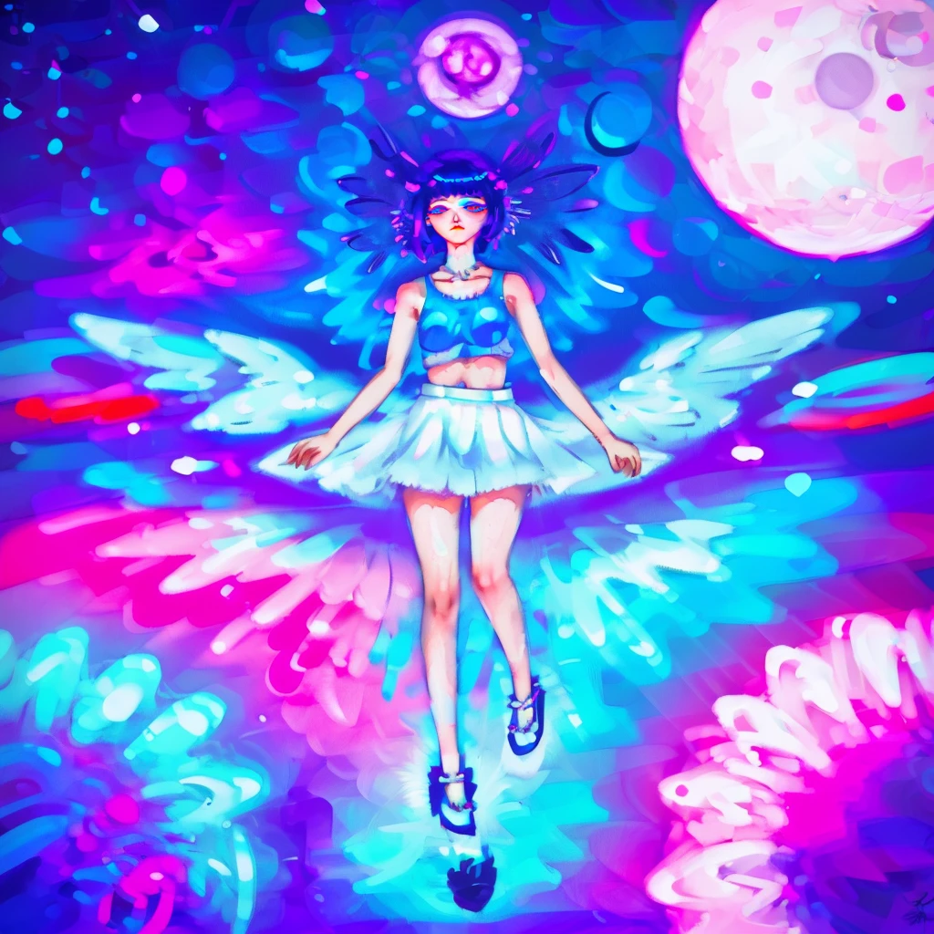 1girl, in air, white skirt, slippers, low contrast art by Hilma af Klint, Bewitching 1girl, Eclectic, Psytrance Art, Moonlit, anaglyph filter, Cyberpunk, trending on Unsplash, sparkling