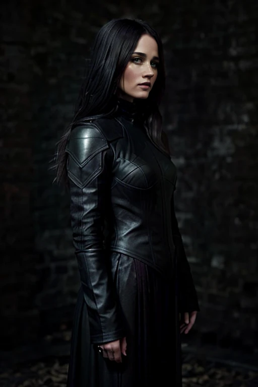 <lora:RT:1> 1girl, solo, realistic, r1873t, fcNeg, A digital painting of a mysterious and alluring woman with long hair, dressed in a sleek and stylish black outfit that blends elements of fantasy and fashion. Her clothing is a mix of flowing fabrics and intricate armor, with a design that suggests both elegance and functionality. The background is a moody and atmospheric setting, with dark and brooding colors that enhance the sense of mystery and danger. The overall design of the painting is inspired by the aesthetic of dark fantasy role-playing games, with a focus on the character's style and individuality within the context of a fantastical world. The final piece is a stunning and evocative portrait of a woman who exudes confidence, mystery, and a touch of danger, set against a backdrop of dark fantasy and adventure.